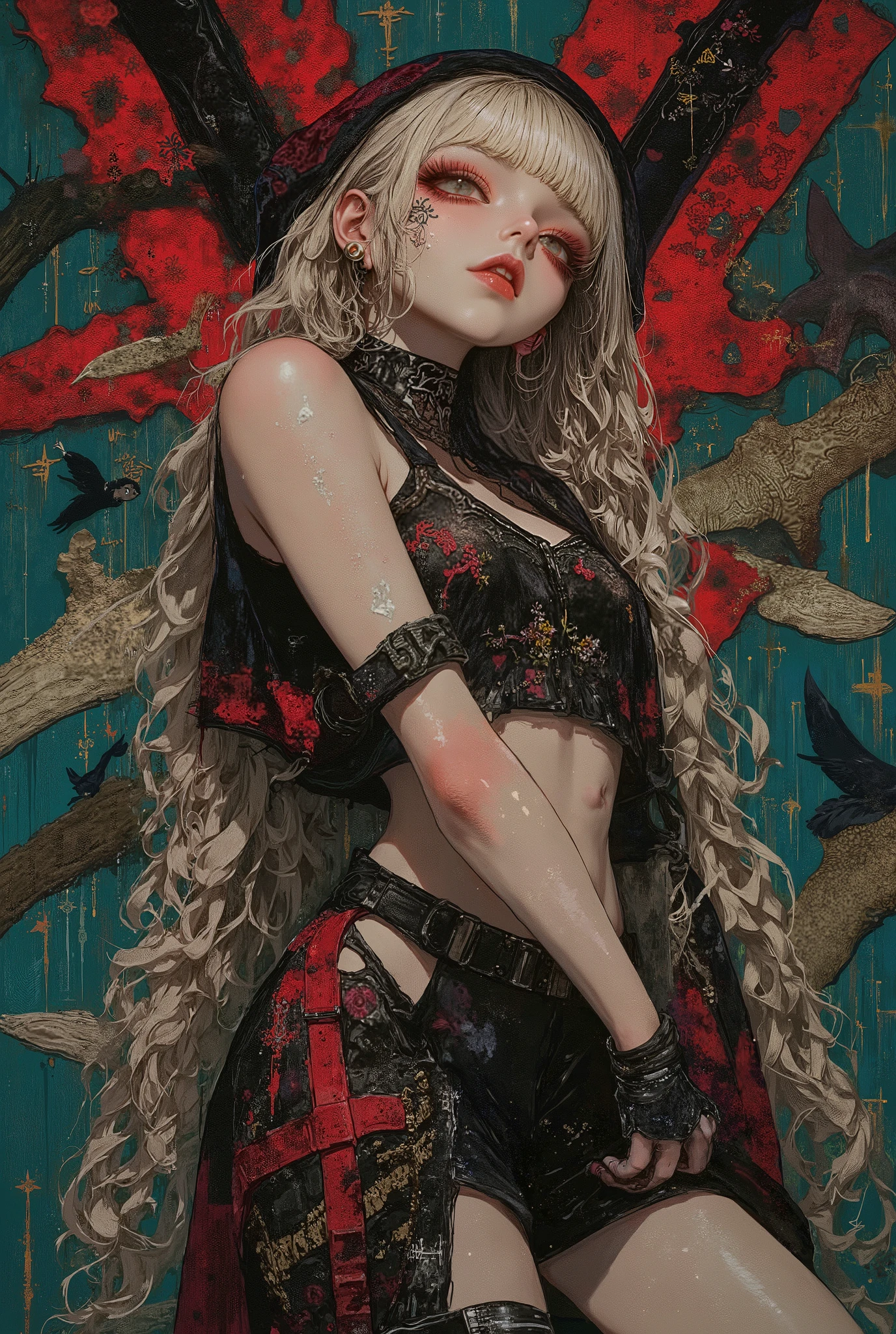 Gothic_girl, ((top quality)), (super high resolution), (super detailed), Chris Bachalo inspired, exquisite digital illustration, womanhood, Studio Ghibli Dark Fantasy, a tall skinny female high fashion model goddess, contorted, wet hair, dark smeared eye makeup, hauntingly beautiful, highly dynamic random model action pose, strikingly stylized uncomfortable figure composition, leather choker, metal armor, leather thigh boots, red leather waist belt, split miniskirt, thigh gap, perfect face, perfect female anatomy, perfect hands, innovative simple graphic design, high quality fashion magazine cover, intricate lace, Popovy Sisters, raining, Gustav Klimt,