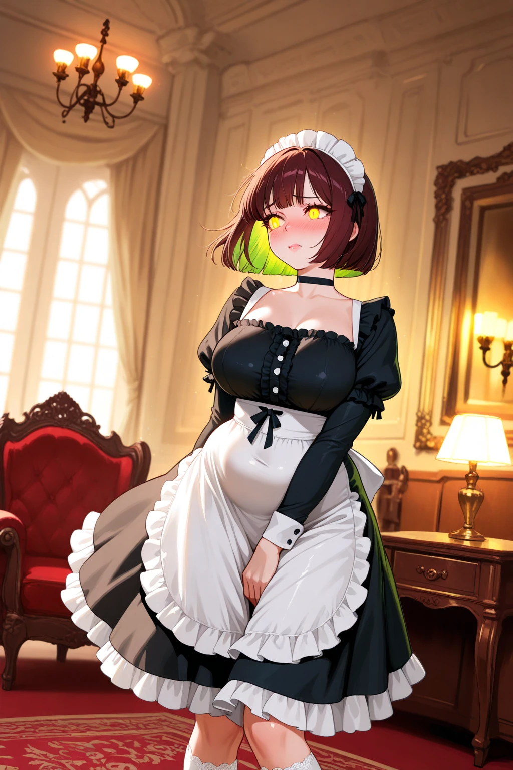 Girl with medium green hair, green eyes, maid costume, neckline, big breasts. Standing and smiling, entrance to the rich mansion, outside, 