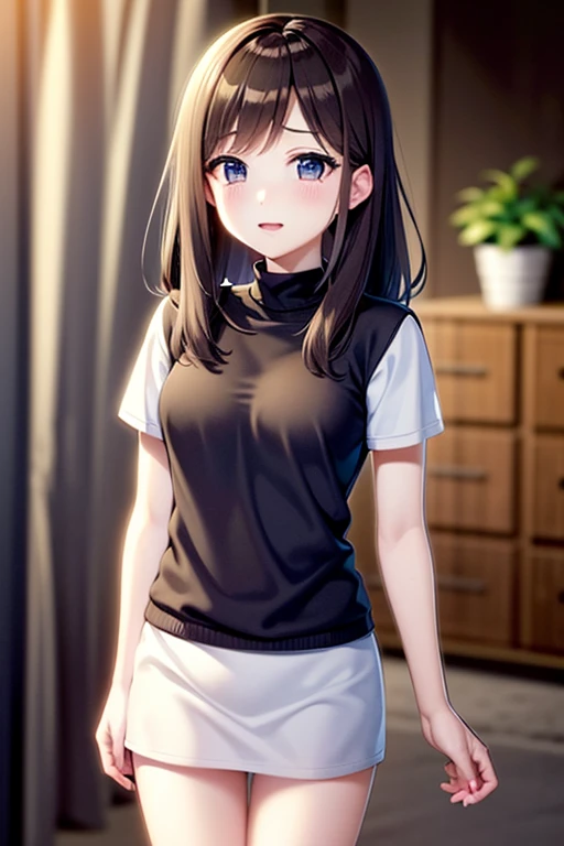 cute, girl, junior high school student, black hair, twin tails, , short sleeves, short skirt, white socks, small bust, blush, smile, see-nipples