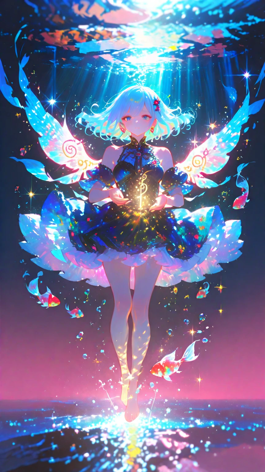masterpiece), (best quality), (official art, extremely detailed 8k CG unity wallpaper), (very detailed), ((absurd), 1girl, mid-shot, (exquisite facial features), (serafuku: 1.3) (( SFW)),((light hands)), ((white thighs without shoes)),aqua eyes, colored contact lenses, stars in eyes, (((colored bubble))), colored glass, (album cover), her hair stood out floating above her head, multicolored bubbles, she buddies a black skirt with flower embroidery, she is underwater, she floats in the water, she reaches out to a shiny and translucent fish, colorfull