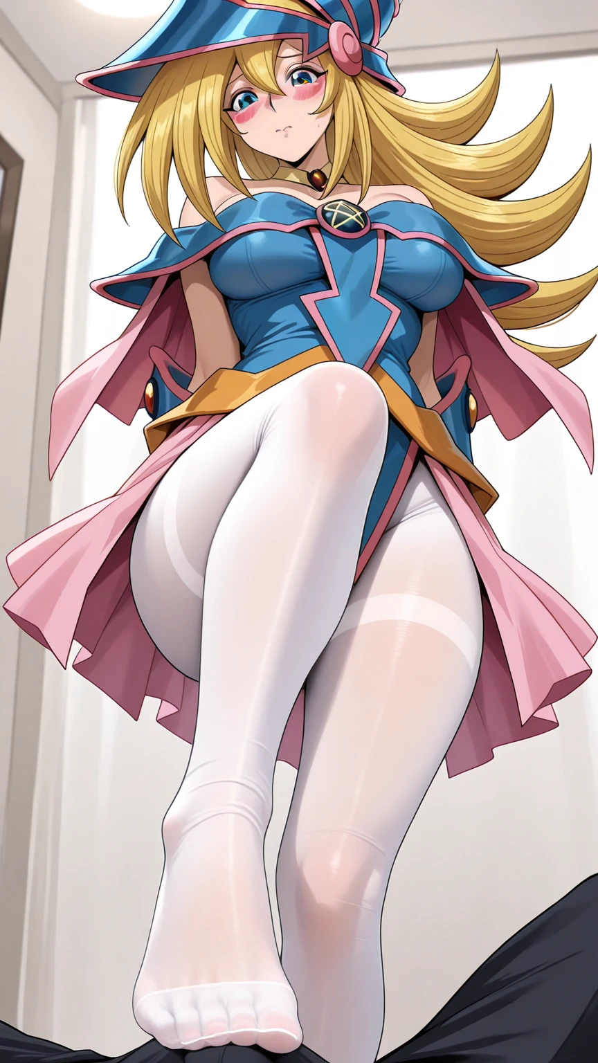 (masterpiece, best quality:1.2), 1girl, solo,standing_split,
Dark Magician Girl, long hair, blonde hair, blue headwear, wizard hat, long blue skirt