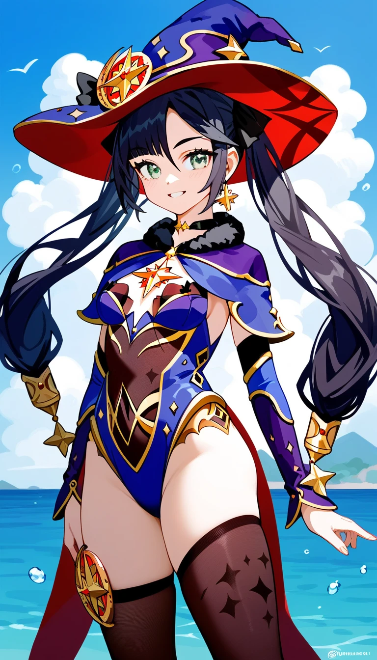 best quality, masterpiece, <lora:monaGenshinImpact_v1:0.9>gimona, mona genshin impact, magistus hat, bodystocking, choker, hair ribbon, arm up, armpit, light smile, looking at viewer, glint, lens flare, light rays, sparkle, ocean, horizon, cloudy sky background <lora:akemiTakada1980sStyle_1:0.9>