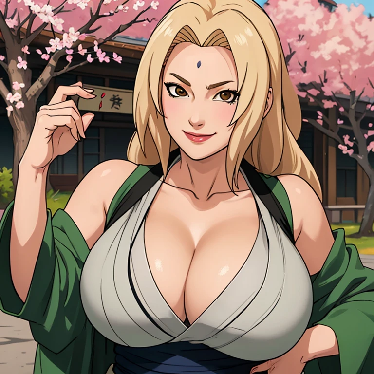 1girl,solo , shirt lift, undressing, 1Tsunade, blonde hair, brown eyes,, forehead mark mature woman,(narrow_waist), thigh、big breasts,, bikini underneath , smile, bedroom