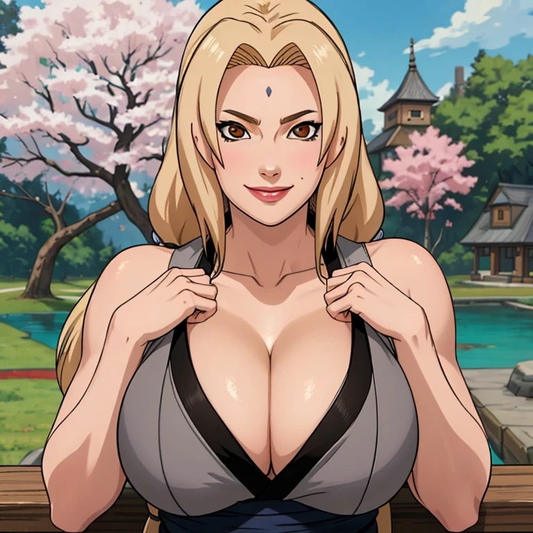 1girll, 独奏, Tsunad, 30 years old, Tsunad, sleeveless, Big red lips, Mature breast, ninja, Full body, looking, big eyes, The rise of Halima, mature, Big Donkeys, A wonderful smile, wind, Yellow hair