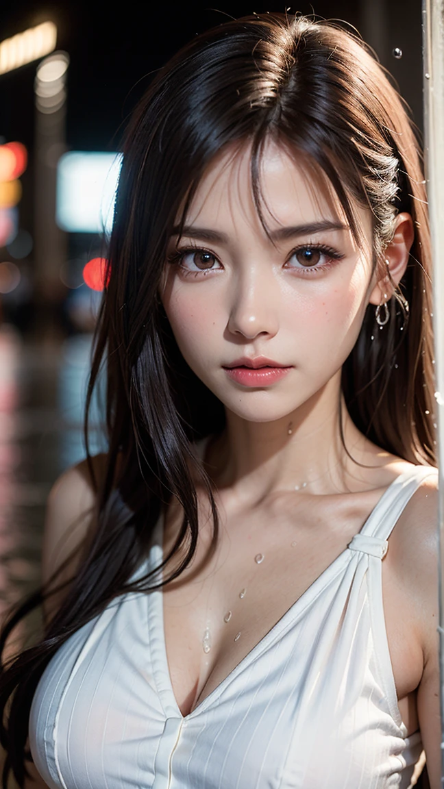 (tmasterpiece,超高分辨率,8K UHD,best qualtiy,RAW photogr,realisticlying,realisticlying,photo-realistic,Real Human,RAW photos),((1 girl)),tech sense,CG,unified,the wallpaper,offcial art,astounding,finely detailled,Extremely refined and beautiful,The is very detailed,highly detailed,Clear focus,Rich background,vague background, Background bokeh,Dingdall effect,(photon maping,Radio City,physically-based renderingt,automatic white balance),Dark Studio,edge lit,twotonelighting, Digital SLR, softlighting, high qulity, (((highdetailskin:1.2,Visible Pore))),((facial closeups))),((mediuml breasts:1.2)),20yr old,Chinese girls,1girl, Tokyo Street, natta, view over city, City lights, The upper part of the body