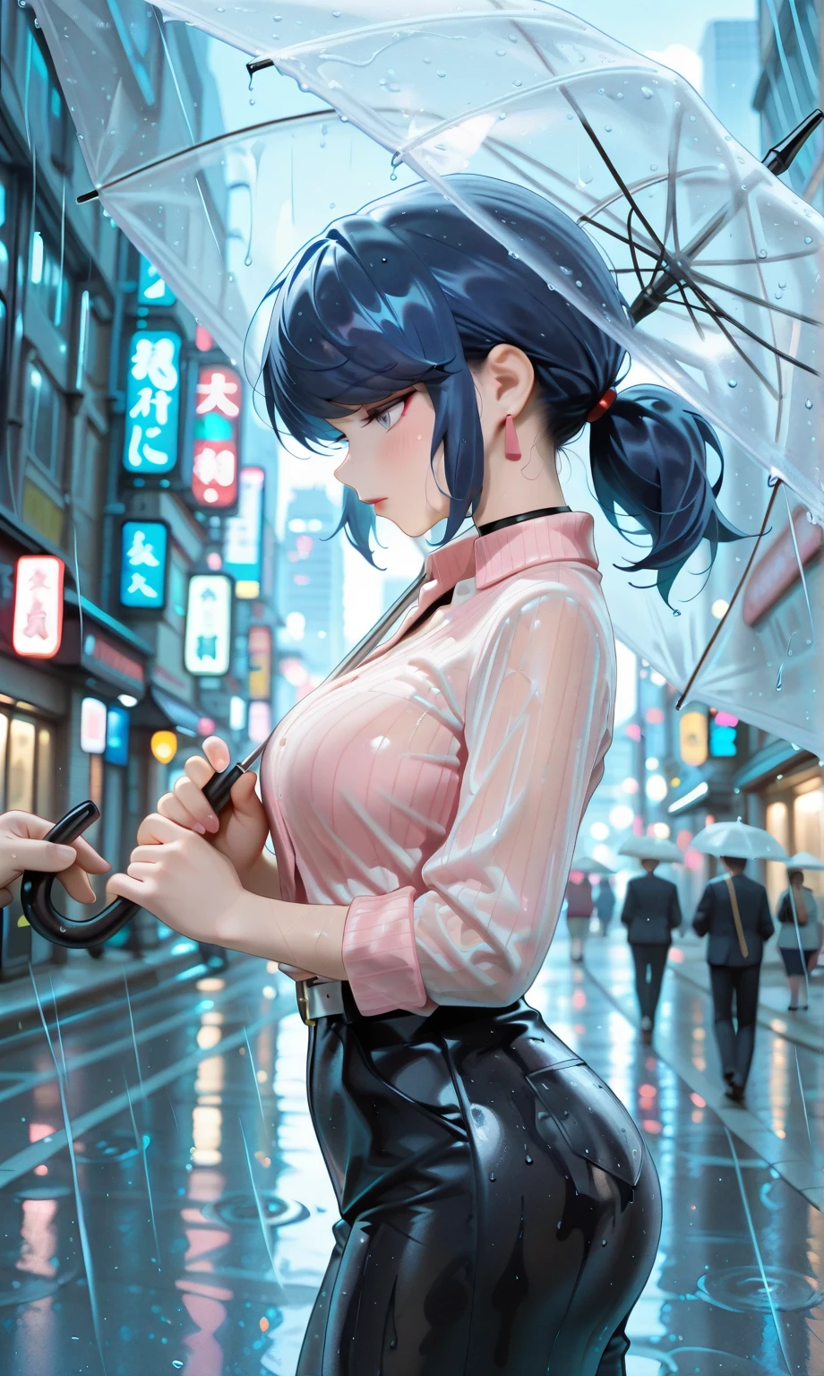 woman,20-year-old,,city,night,(((white and blue tight miniskirt dress))),,open mouth smile((leather thigh high boots))(See-through),(()),((black hair)),blush、surprised face,((())),((turn around and look back))(wet with sweat)Reflecting the buttocks
