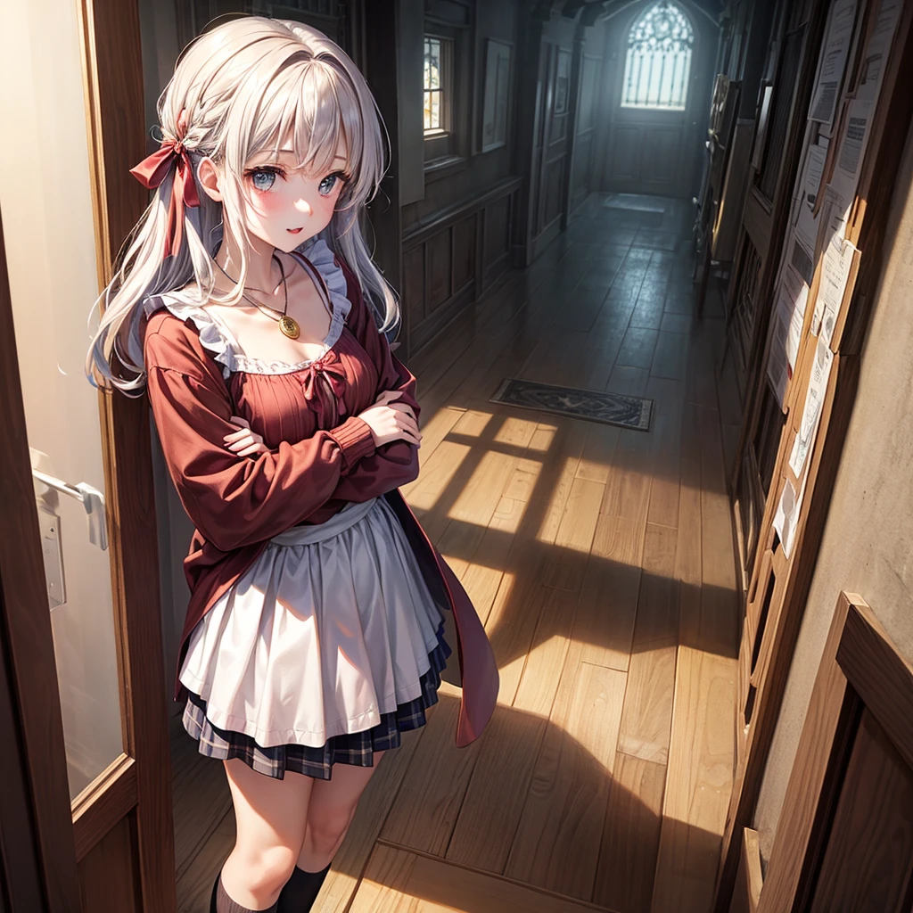 score_9, score_8_up, score_7_up, score_6_up, score_5_up, score_4_up, source_anime, 1woman, sit, bed, perfect anatomy, solo, Irisviel von Einzbern, red eyes, long hair, red shirt, white skirt, black thigh boots, heels, pantyhose, cowboy shot, standing, smile, indoors, spread arms, w-w-chain, shackles, night, dungeon, best quality, best res, 4K UHD,