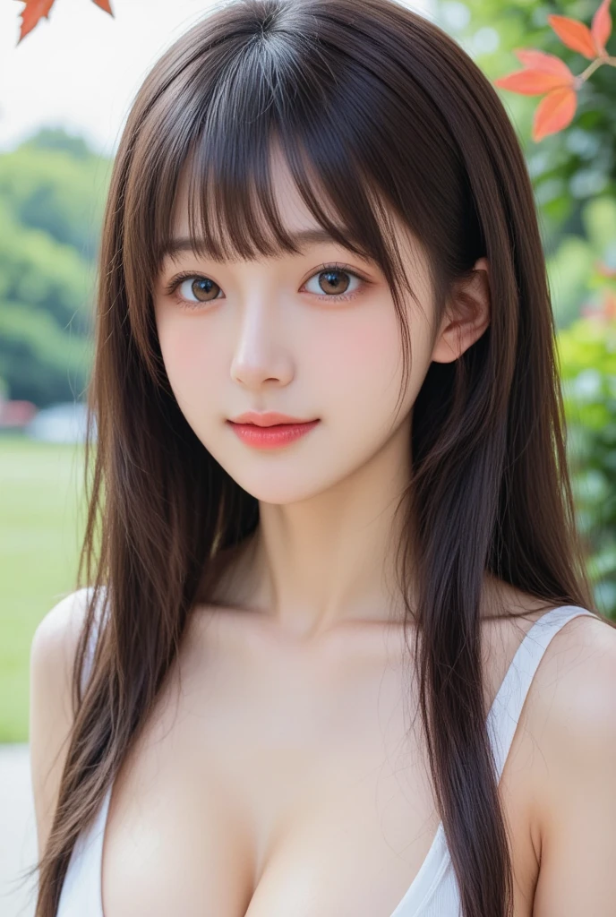 table top, highest quality, shape, Super detailed, finely, High resolution, 8k wallpaper, Perfect dynamic shape, beautiful and detailed eyes, D cup, natural color lip, random sexy pose,smile、20 year old girl、midnight、Beautiful and dense face、perfect and beautiful face,Big eyes、real photos(best image quality),Sheer off-shoulder dress (off white)、looking at camera、Please stand、Do gal makeup,blurred pool background