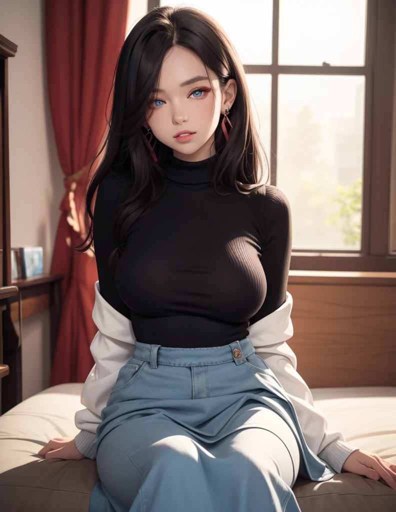 Realistic Girl with a perfect waist and small juicy breasts,is fully and in HD,has a shy facial expression with black eyes looking at the POV,full hd,teenage girl has Black hairs and has thick juicy thighs