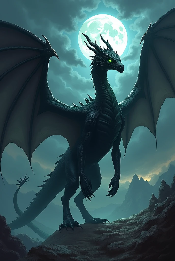 Please create an image of this dragon based on the dragons from A Song of Fire and Ice: Thalassarys, the Stormborn
Appearance: Thalassarys has deep blue, almost black scales with hints of dark green along his wings and back, resembling the colors of the ocean at night. His eyes are bright yellow, feline-like. He has only four limbs—two large wings and two powerful legs—giving him a sleek and aerodynamic build, perfect for long and swift flights.