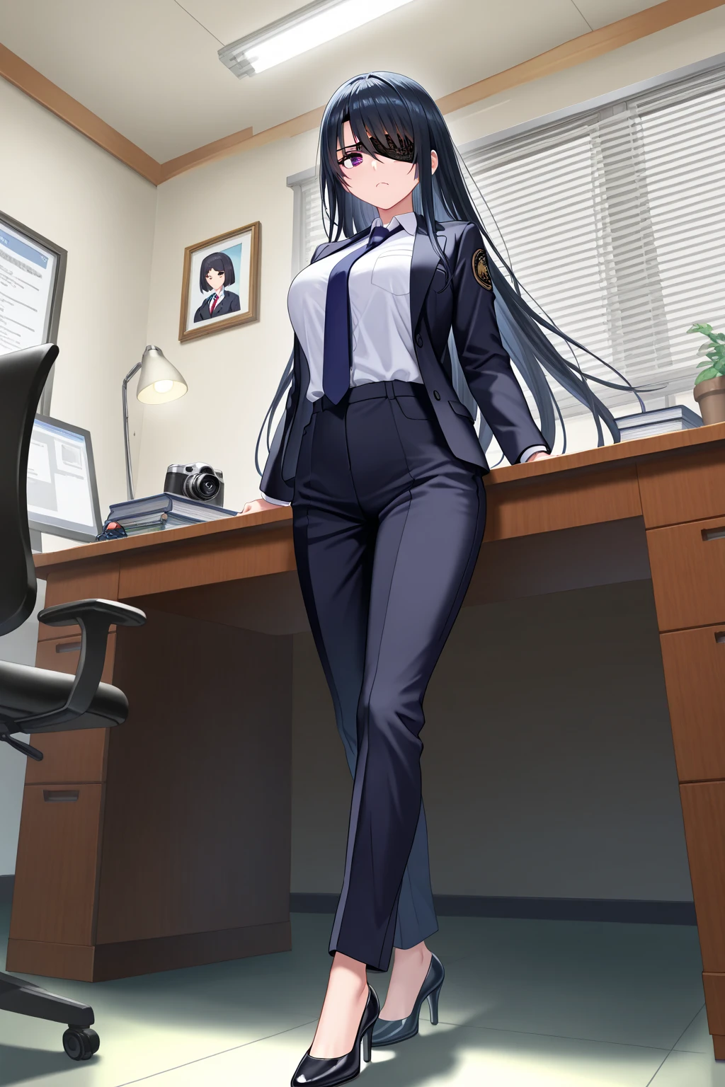 A woman with very long black hair, (very long hair:1.25) and (long bangs:1.5), wearing a business suit with a long pencil skirt and pantyhose, standing. The artwork is inspired by manga and incorporates a doujin style. The woman appears to be (wetting herself:1.5), which causes her to feel embarrassed and humiliated, resulting in a blush on her face. In addition, there is an air of anger in her expression. The lighting in the scene is moody, with a spotlight highlighting the woman's figure, Her arms are crossed (crossing arms:1.5), showcasing a very large pee stain that covers almost the entire front of her pencil skirt., large breasts, skinny
