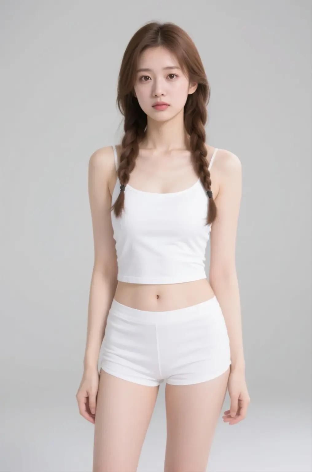 Cute 15 year old girl, extremely detailed face and eyes. Slim body, thin waist, (((thin legs))). Brown hair with a high ponytail. She is wearing leggings and a sporty crop top. She is dancing twerking inside a penthouse with a large window overlooking the sea and the sunset
