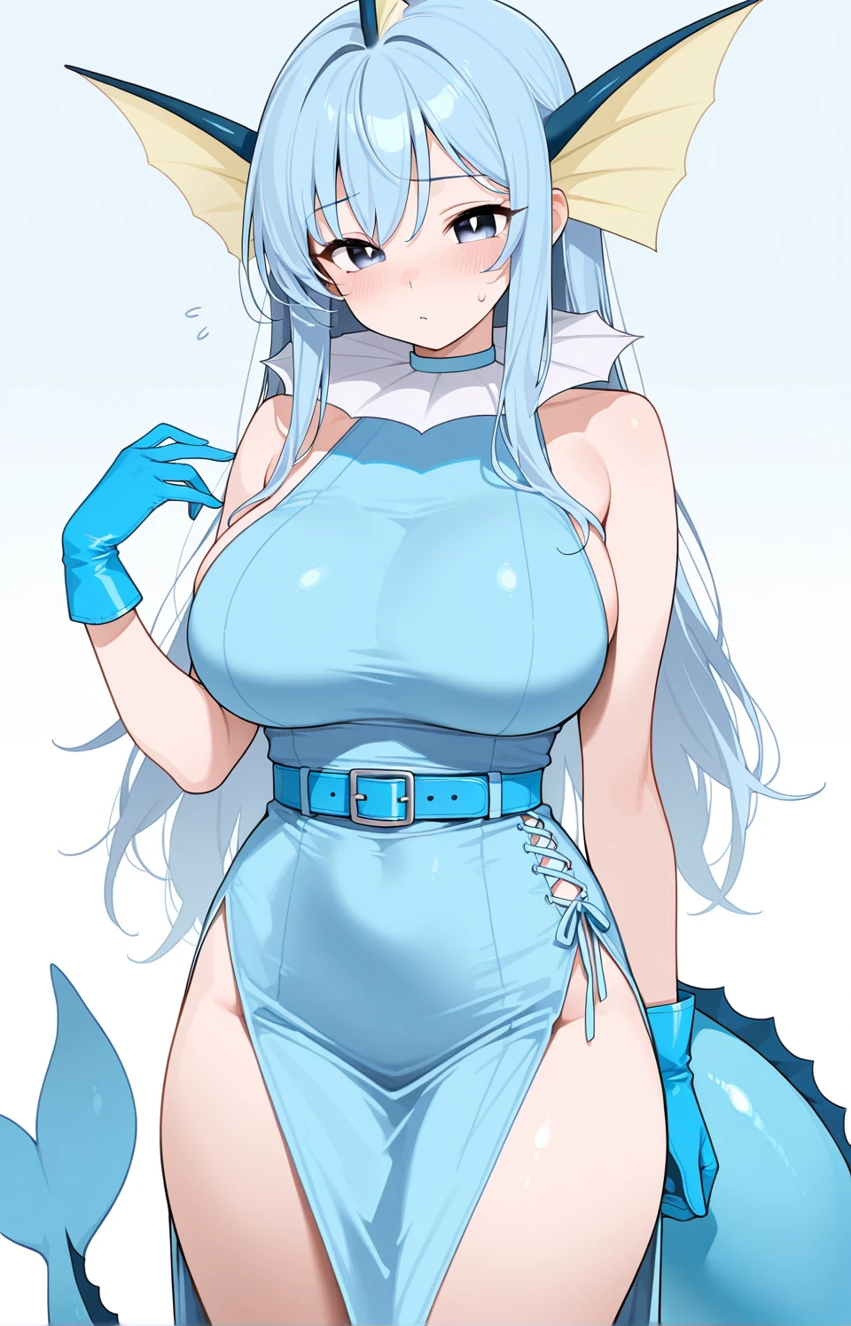 masterpiece, best quality, HD, ultra-detailed, vivid colors, Pokémon Vaporeon, Blue Eevee, Water pokemon, Shiny pokemon, (furry:1.35), humanoid, humanization, anthropomorphic, on 2 legs, beautiful detailed purple eyes, big purple eyes, Sea and beach environment, water palette, blue fish tail and thin mermaid (white ears), ((white inside ears)), detailed (deep heavy blue) hair color, beautiful ((long hair)), ((detailed long [yellow dress|white dress:1.5] )), ((white cloth neckband decoration, blue water color pendant)), shiny rainbow soap bubbles floating around, Action funny Pose