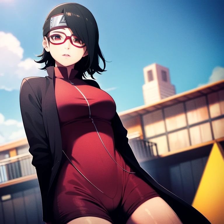 1girl,from below, standing, sarada uchiha, small naked boobs, glasses,black thighighs,arm warmers, forehead potector, shorts, short hair, small breast, black eyes, small hips, small ass, anime screencap