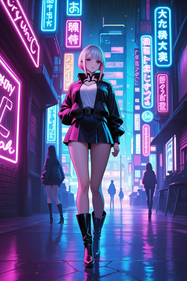 one beautiful girl, detailed beautiful hair, detailed beautiful eyes, short white hair, blue eyes, small breasts, loose unzipped leather jacket, pink bra, tight pink shorts, standing on sidewalk, evening, nighttime, night, city lights, big city, cyberpunk city, rain, soaking wet, standing, cowboy shot, cinematic lighting, dramatic lighting,
