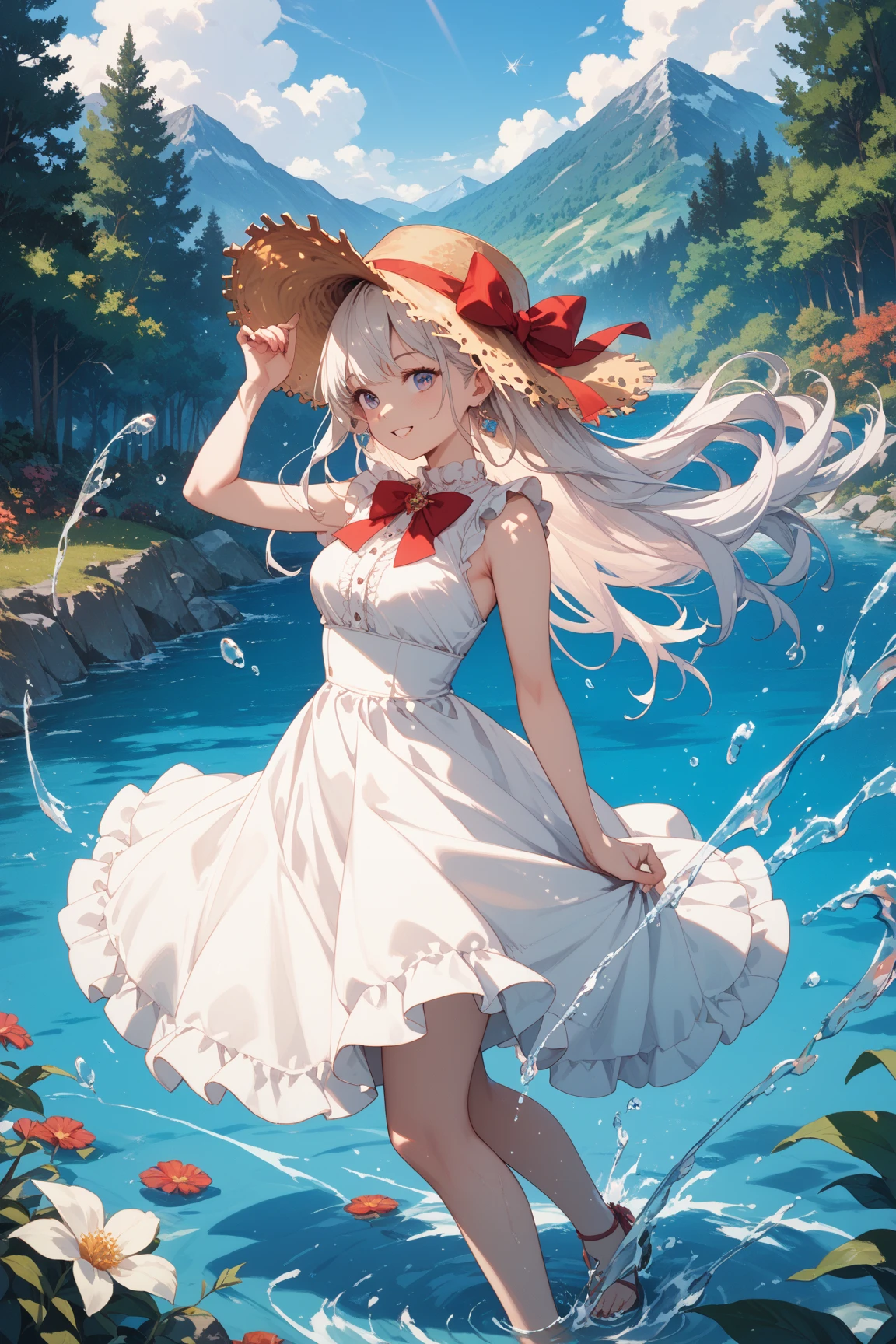 masterpiece, best_quality, ultra_detailed, illustration, volumetric_light, colorful, clear_focus, from_side, close_up, 1girl, elf, large_butterfly_wings:1.5, medium_breasts, blonde_hair, long_hair, single_braid, crossed_bangs, head_wreath, pointy_ears, green_eyes, seductive_smile, necklace, collarbone, cleavage, white_long_dress, anklet, barefoot, wading, forest, scattering_petals, water_splashing, pool, morning_glory, night, full_body, <lora:ligneClaireAnimeStyle_v1:0.65>, <lora:lightAndShadow_v10:0.3>,