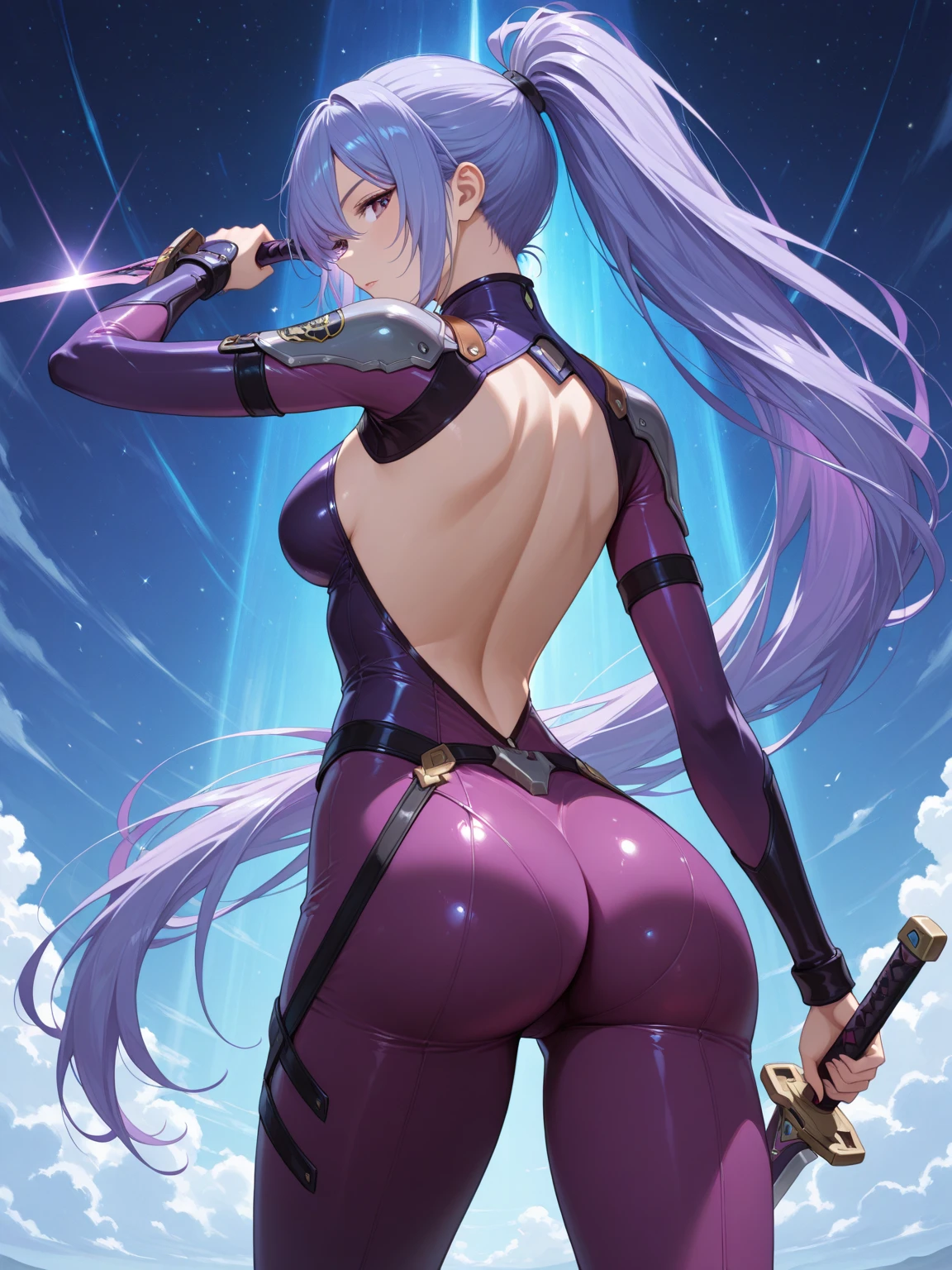 Anime woman, ass full of details, crotch full details, long purple hair, red eyes, body full of details, looking at the viewer, solo, sexy ass, small panties, big tits,
