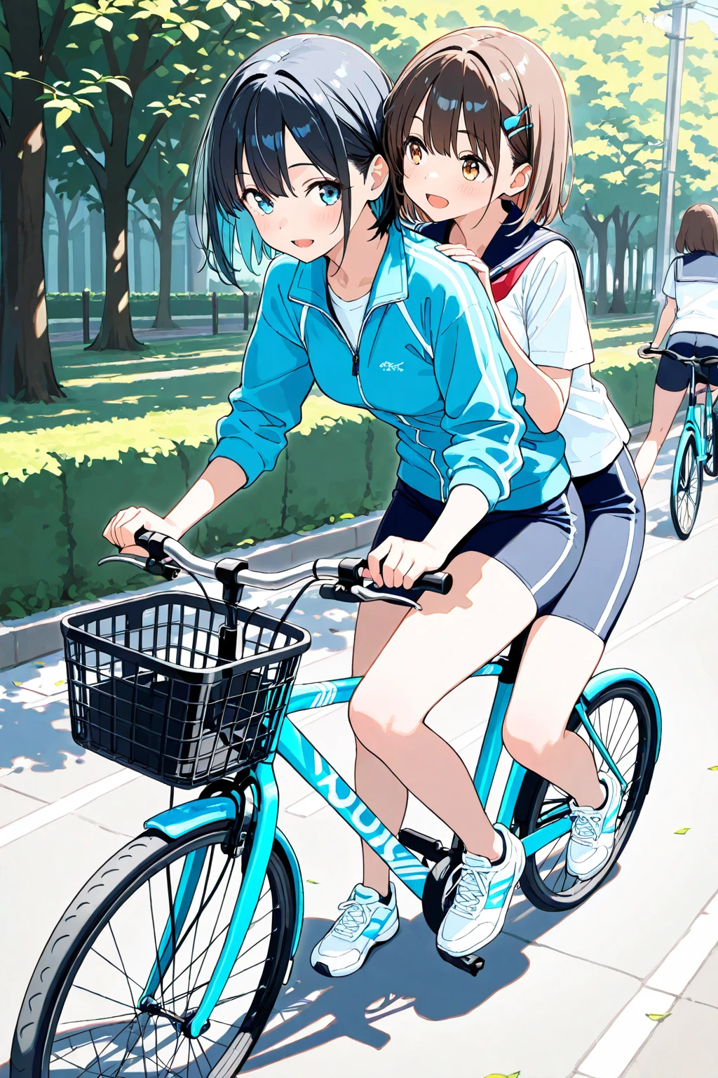 Two girls kiss while sitting on top of tricycles, dolphin shorts, blue hair, ponytail,
