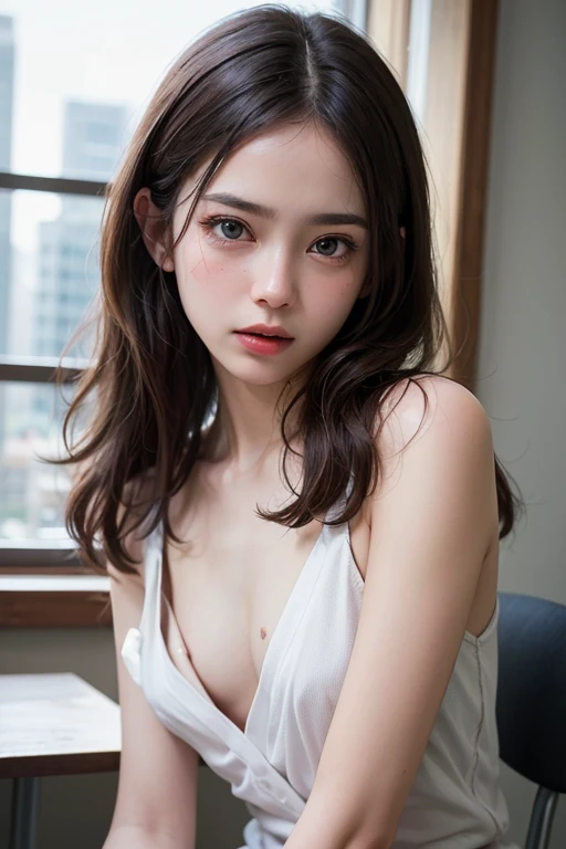 (You can be a person to the world but you can also be the world to one person., Paradox, genius adrian, jenny saville, eduardo hopper, dark art by James Jean, Takato Yamamoto)),(raw photo, best quality), ((Nostalgia,80s style)),(A girl with an office atmosphere.:1.2),(realistic, photo-realistic:1.3), extremely delicate and beautiful, Amazing, finely detailed, masterpiece, ultra detailed, high resolution ,best illustration, best shadow,Intricate,depth of field,1 girl,(Long legs, voluptuous body),long blonde hair,messy wavy hair round glasses,((((Low key,dark scene,dimly lit)) )),fat,(((soft lighting:1.4))),(pale skin:1.4),(Shy smile),(cinematic angle),Sharp focus, volumetric fog, 8k UHD, DSLR, High quality,( grain the film:1.4), Fujifilm XT3,(looking at the viewer)、とても豊かな胸、ランジェリー、セミロングヘア
