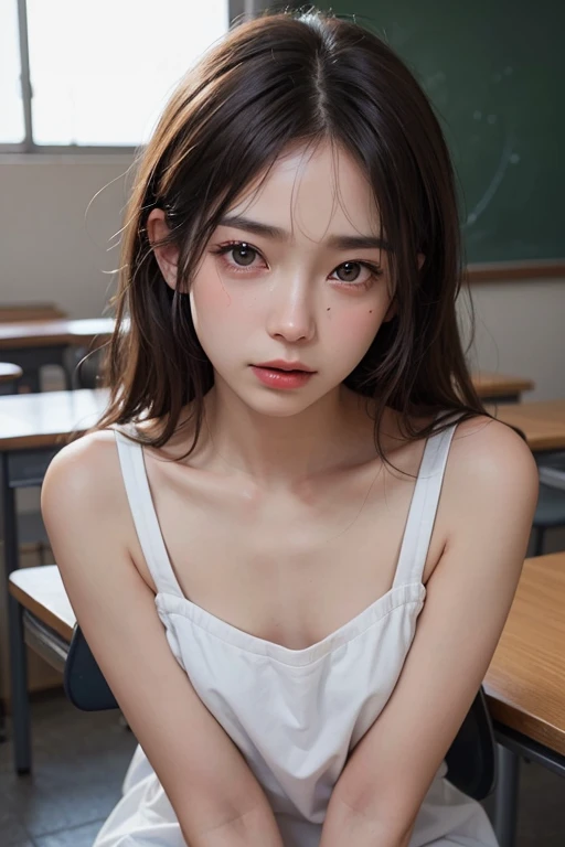 ((Highest quality)), ((masterpiece)), (detailed), (classroom), One girl, ((nipple)),sexy, 18 years old、Japanese、((flat chest:1.5)、可愛いJapanese、A bow tie、((nipple))、frilled panties、Perfect Face、(( pretty eyes)) 、Idol-like face、living、micro mini skirt、((Masturbation)),((Corner man)),((glistening eyes )),((large eyes))、Japanese、Brown eyes