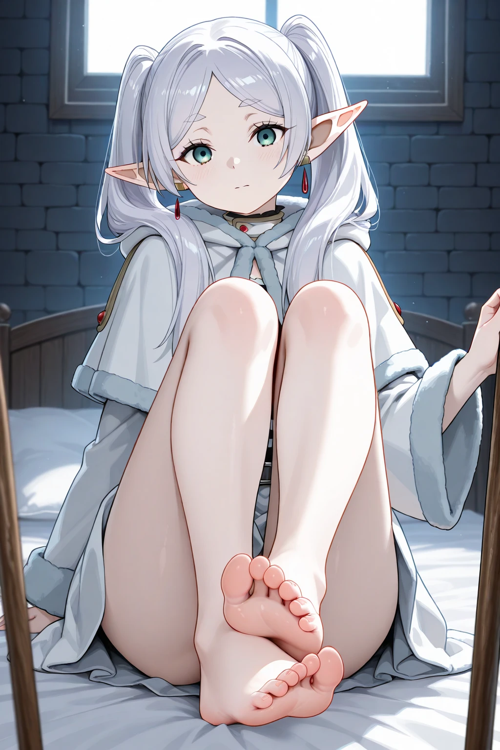 Cross-legged on the bed, with transparent white shirt, mischievous grin , elf ears , scratching your foot
