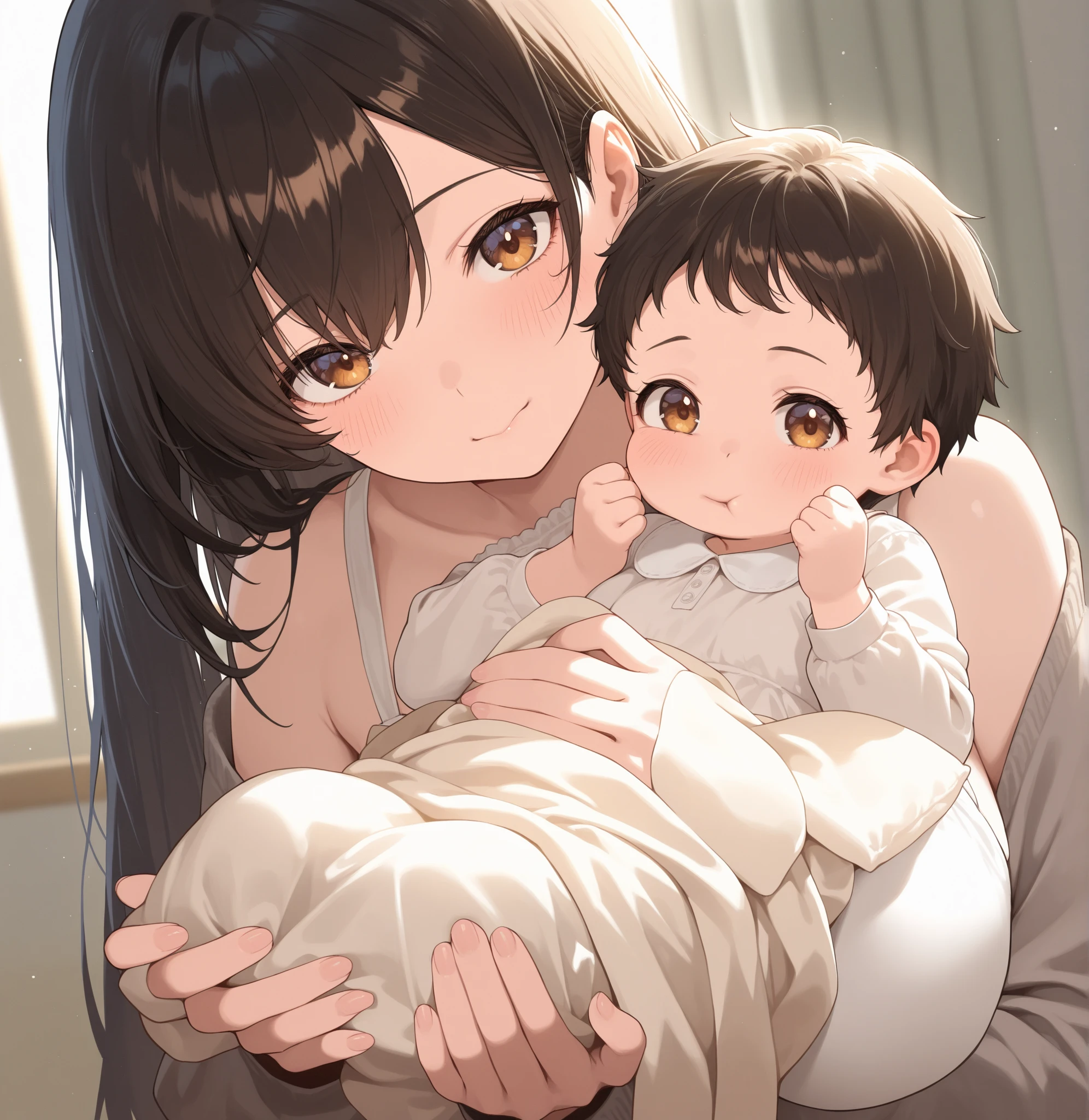 An anime dominant tomboy girl is sitting on the sofa and on that tomboy lap a girl in her 20's sitting on her lap and she s holding a baby