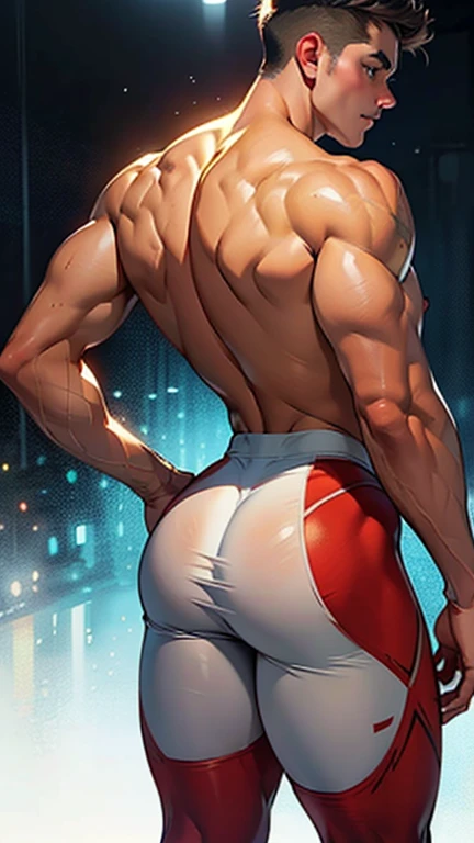 Yujiro Ko, Red-haired man, Stand in the gym, Decorated with the cringe of a demon figure. His muscular superiority and clear definition, is the focus of his high-intensity training. His red hair is wild and unruly, His white thong clings to his body. Light reflected from behind him, Highlight the intricate details of the tattoo. His bottom waves wave and soothe as his strength increases, His strength and thought are evident in his pose.