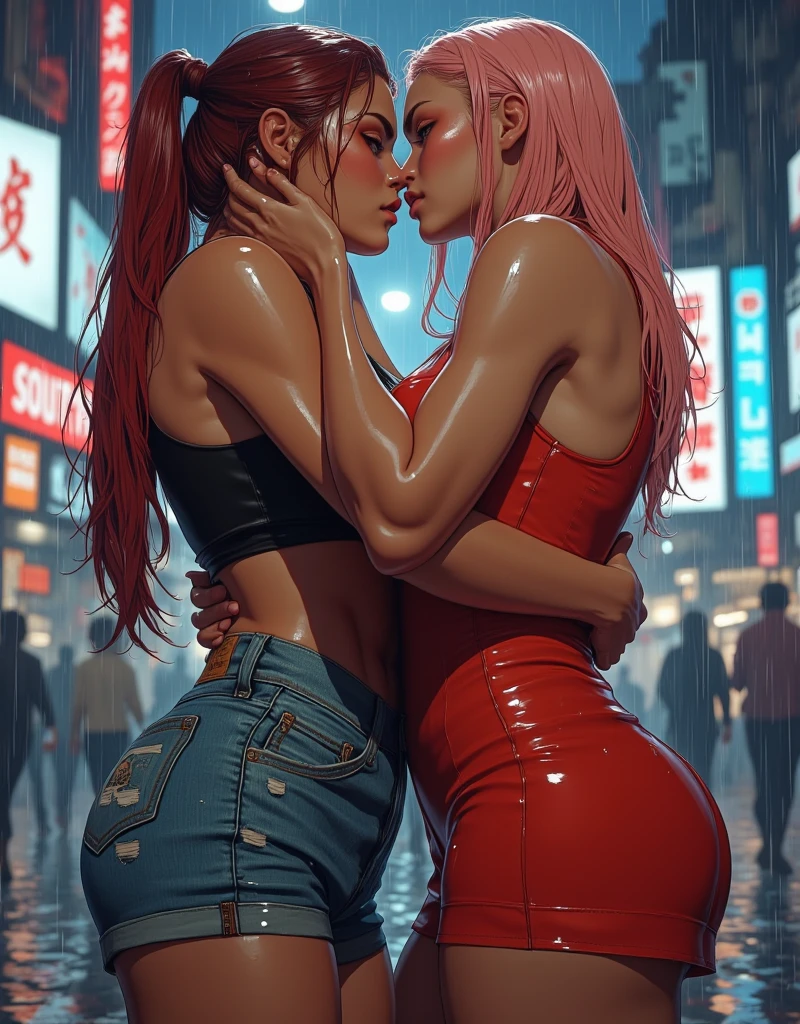 Full body picture of an image of a young very hot and very dark-tanned woman with feminine features and one another blonde woman kissing, full body picture, sexy smile, full body picture, extremely Long messy vermilion-red hair, very muscular, dressed in a ice-blue sexy deep-cut short dress, very medium breasts, sitting in different very sexy poses in a futuristic city, full body photo and digital art, ultra-detailed 16k 3D, realistic