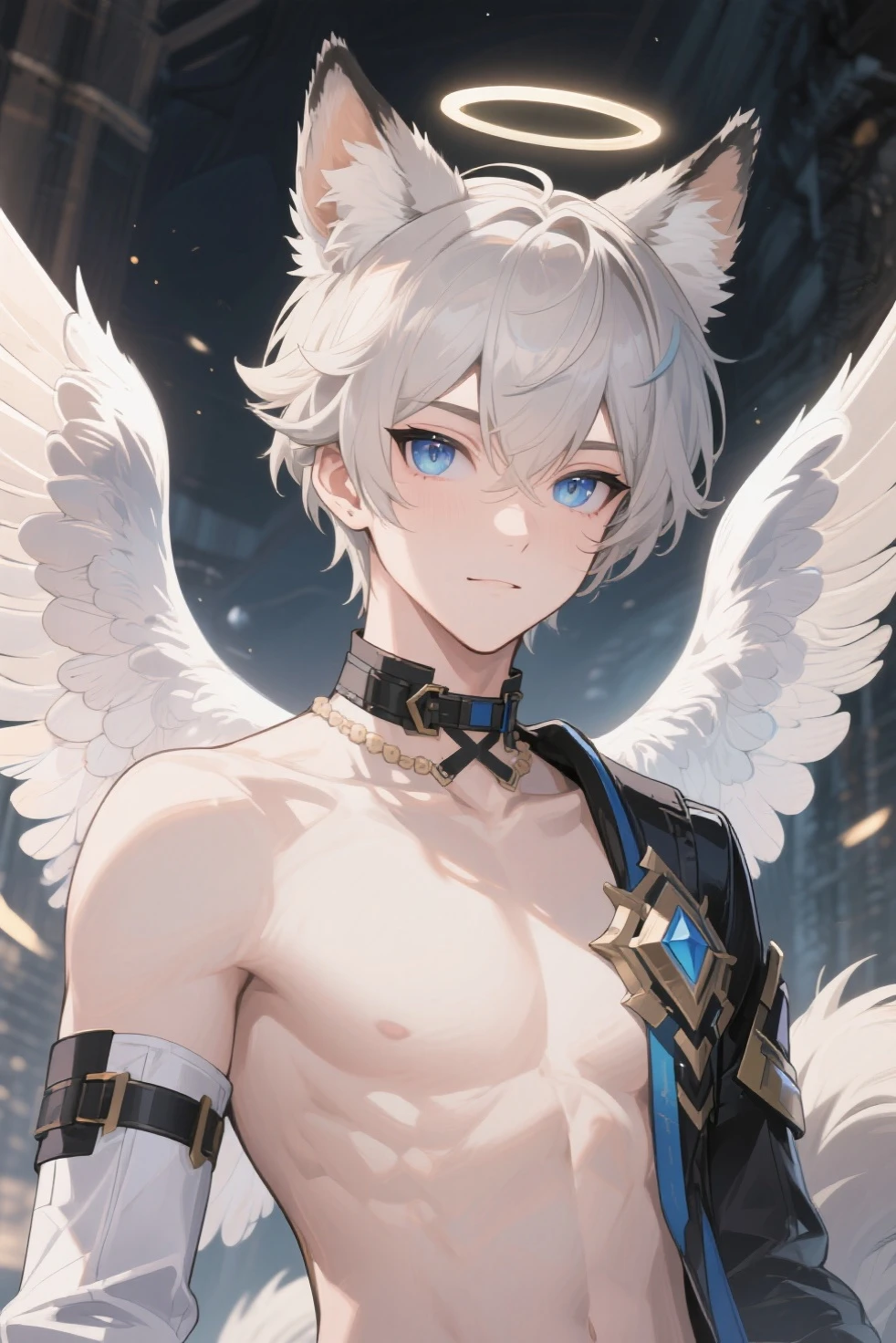 femboy, wolf boy, male, flat chested, grey fur, white feathered wings, blue eyes, crop top, mini skirt, rave setting,