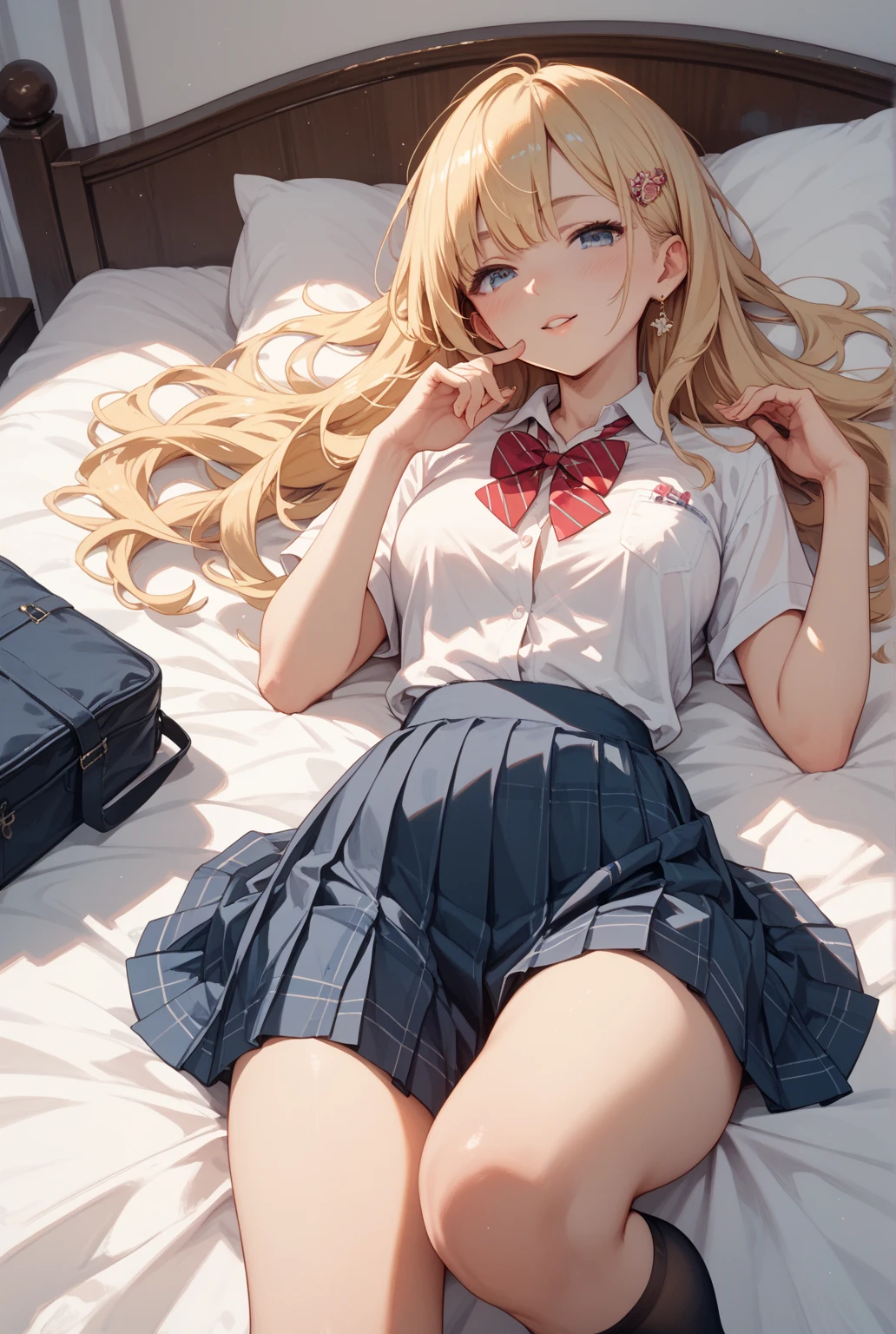 Character Focus、From above(school uniform:1.3), (Plain beige clothing around the waist:1.5), (West knot:1.3), (white collared-shirt:1.4), ((white collar, Unbutton, Short sleeve):1.2), (Red checkered pleated skirt:1.3), ((necklace, Colorful Bracelets, ×Hair accessories):1.2),
Very detailed、(8k, RAW Photos, Highest quality, masterpiece:1.2), (extremely detailed 8k wallpaper),shape、Professional Lighting,Sharp focus, Written boundary depth、
Browsing Caution、Clear Eyes、Perfect Anatomy、With a girl、15-year-old student、Black gal(Dark Skin:1.2)、smile、Fully exposed、Lift up your skirt、blue eyes、blonde、(Compensate:1.1)、(Below-the-knee loose socks:1.2)、By