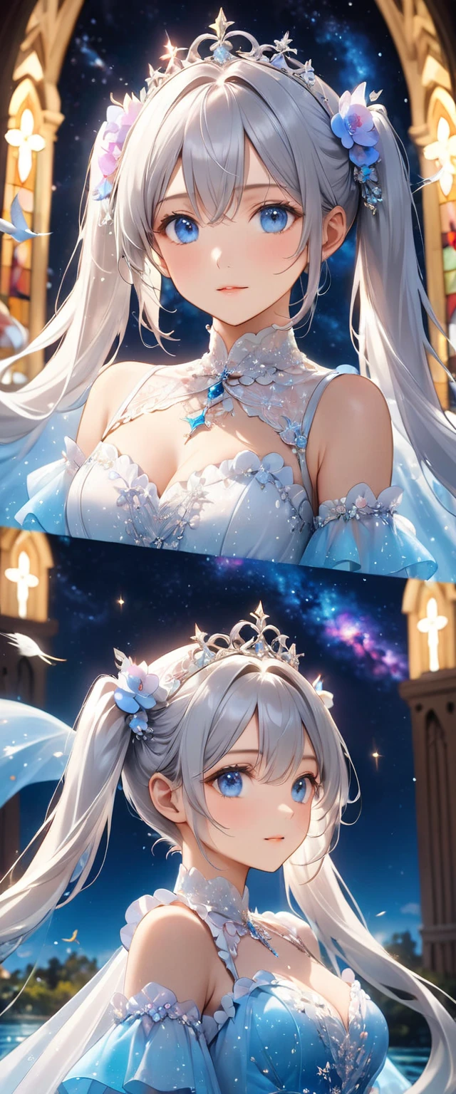 best quality, Super quality, 16K, Ridiculous, Very detailed, 2.5D, delicate and dynamic, church, Brightly colored stained glass, Faint lights and flying fireflies, night, Starry Sky, Milky Way, nebula, meteor, Flowers, birds, Wind and Moon, The expression is extremely delicate, Delicate eye expression, Upper body close-up, , The Only Sexy Girl, Healthy body shape, 22 years old woman, bride, Height 170cm, Huge firm bouncing breasts, Colorful headdress, Long wedding dress with complex structure, Colorful long wedding dress, Ruffled Sheer Long Wedding Dress, Extra long cape