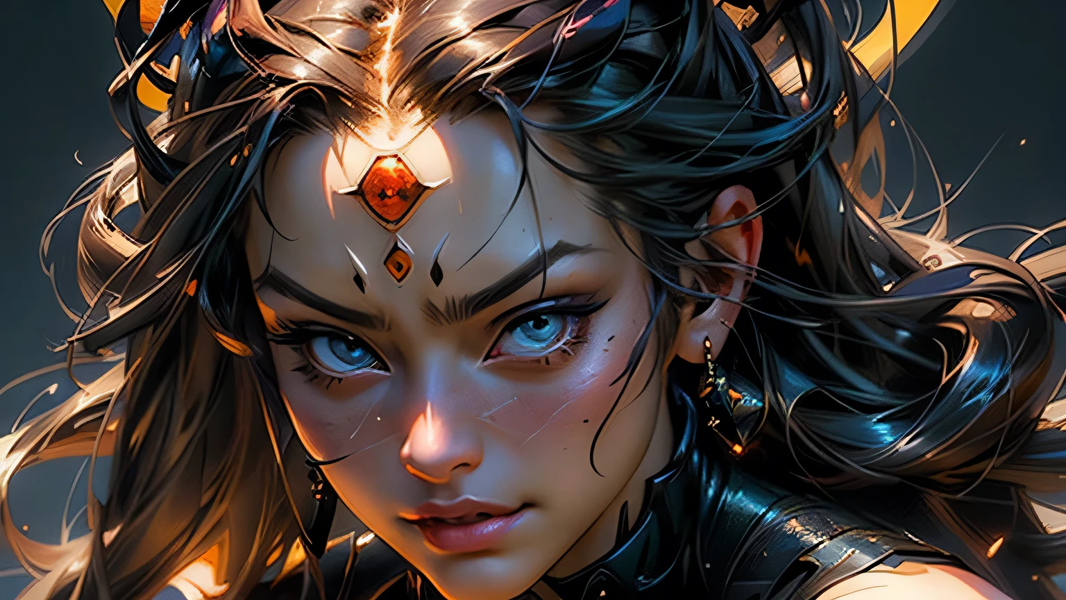 PORTRAIT, only face portrait, macro, aN ANGRY FACE red demon valkyrie next to a black spider portrait, scarface red skin with light and glitter, long black hair with red skulls on hair, shiny and lightening eyes, cosmos eyes, next to a black spider, highly detailed fur (vectorized) yellow lightening eyes, detailed skin, image is compelling with dynamic composition and dark posing. Include many fantasy details such as bumps, phantasmal iridescence, glitter, galaxy, cosmos, fire, ((dark celestialskin hell body, void cosmic body)), (((dark background))), (((lights off))), (((hollywood dark))), horror, dramatic shadows, (in a dark fantasy space:1.3, glitter, sparkle, gleam) vector digital illustration, (black background:1.5)sharp