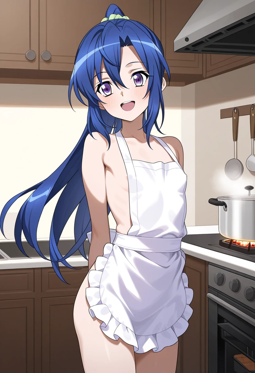 (Best Quality,hight resolution,masutepiece:1.2),Ultra-detailed,(Realistic,Photorealsiticです,Photorealsitic:1.37),Game CG,1girl in, 16yo girl, Blue hair, (half up:1.1), (small tits:1.3), (Naked apron、Apron pink), Eyes and faces with detailed, I'm blushing, cool expression, Soft lighting, Full-body angle, cuisine、facing back、I&#39;m touching the sink、I'm sticking my ass out、Thighs