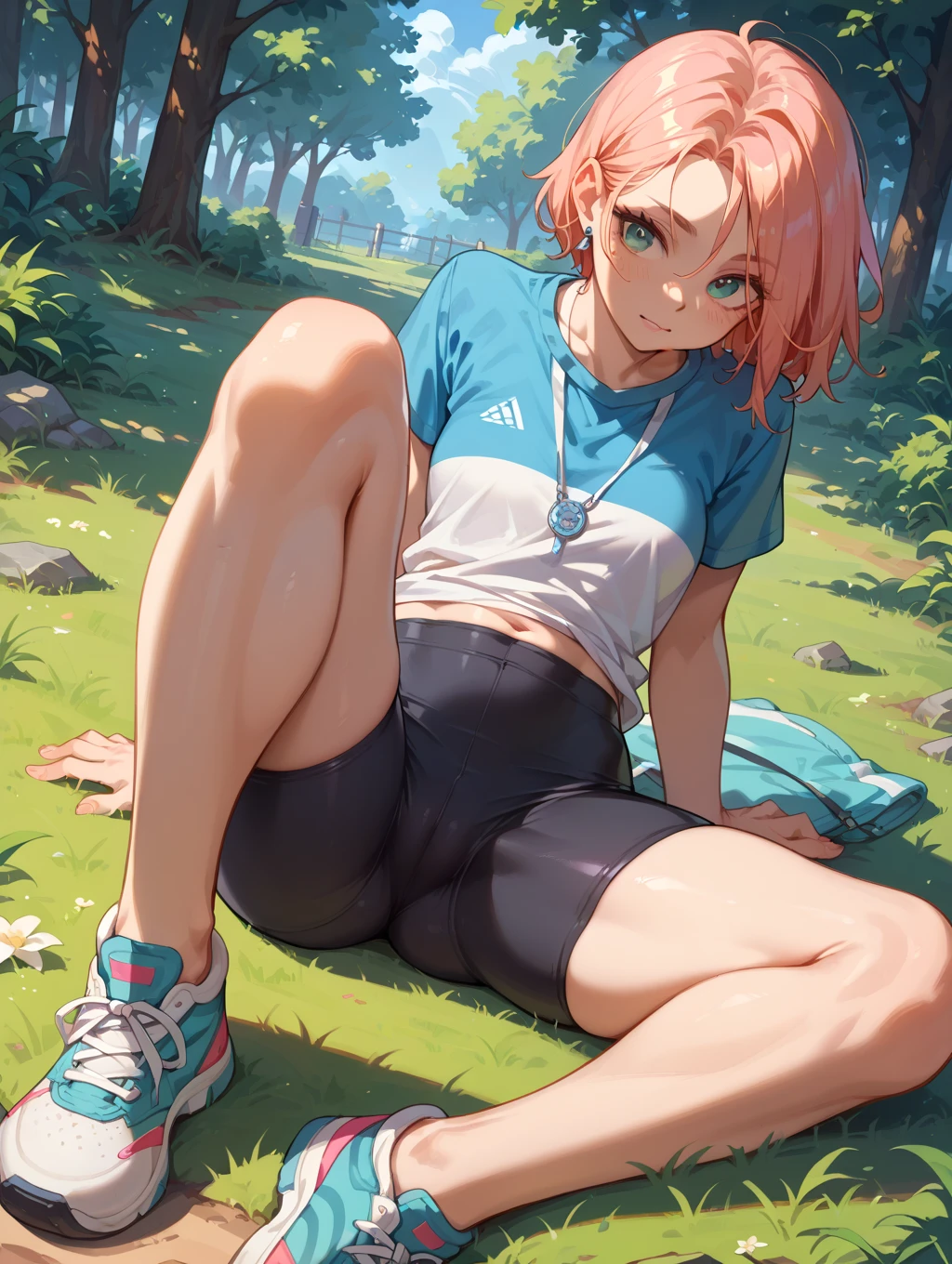 High resolution，（（Intricate details））， Very detailed，1 person，defeat， lost heart，Kneel on the ground， Sweaty crotch，Pee on your feet，Urinating，Urine dripping down the thighs，Embarrassing，Excited，Be shocked，Panic，anxiety，Small puddles of urine around the legs，Urine running down the groin，drenched
