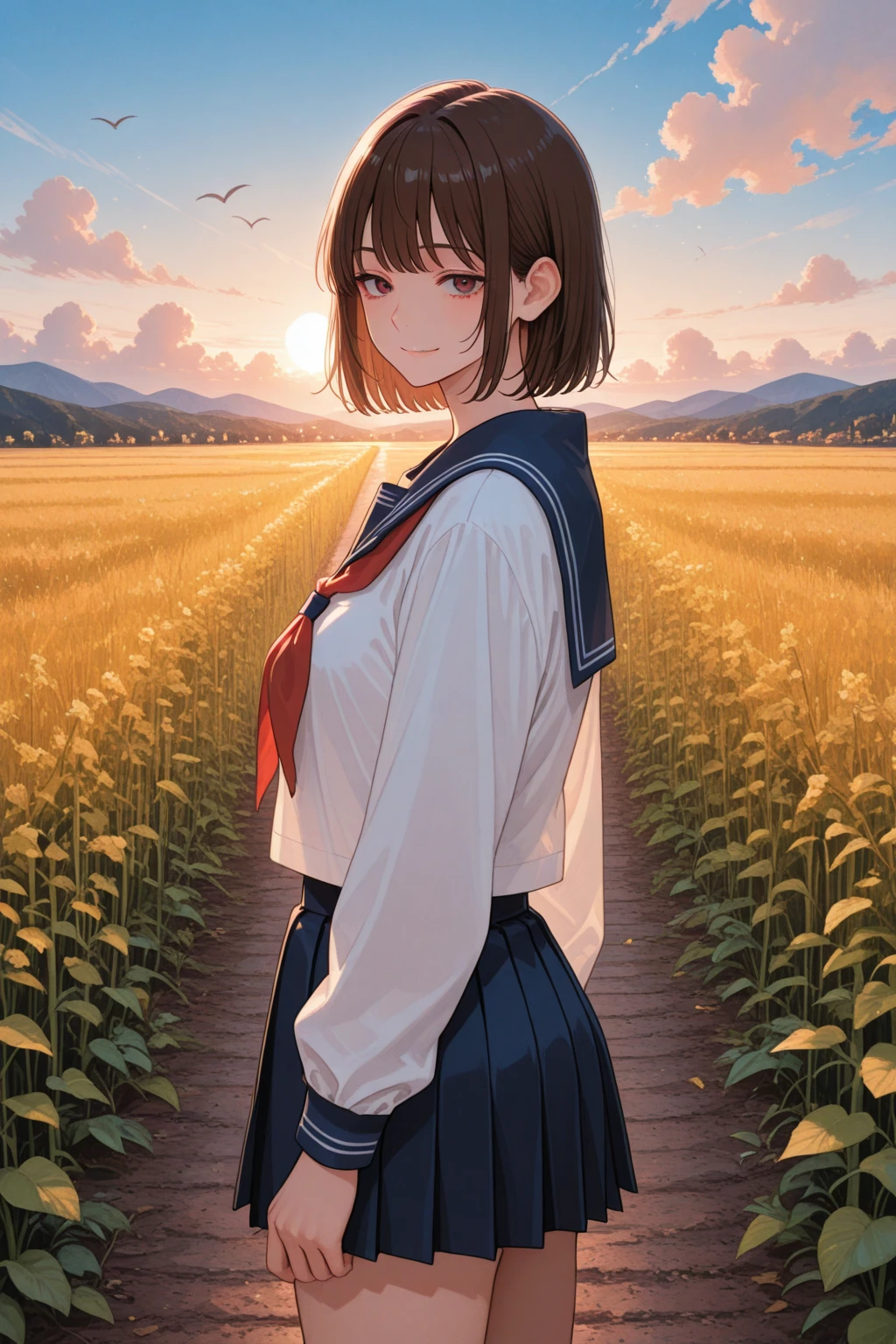 (highest quality, 4k, 8K high resolution, masterpiece:1.2), Super detailed, one person, woman, (JK, , sailor suit, pleated skirt),rape blossom field, one yellow wave, romantic, magic hour, fantastic flower garden, lighted up petals, Contrast between the sky and the flower field, 詩的でromantic, Emphasis on individuality and uniqueness,beautiful detailed eyes, beautiful detailed lips, long eyelashes, Bright colors, soft and warm color palette,