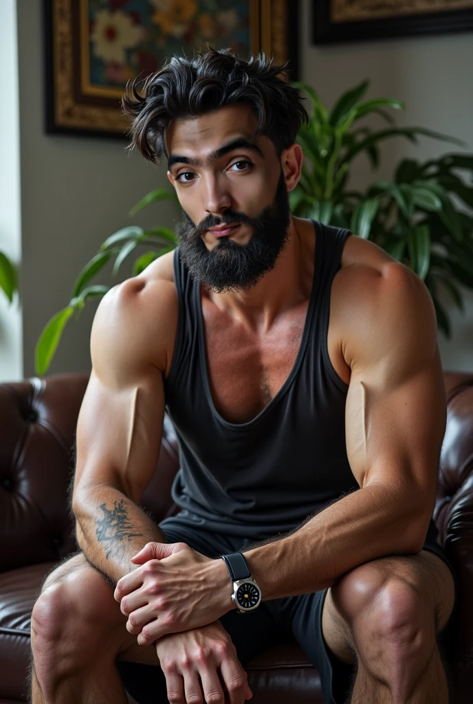 Make a handsome man who have square face shape with spiky low fade haircut or french beard and perfect six pack abs body