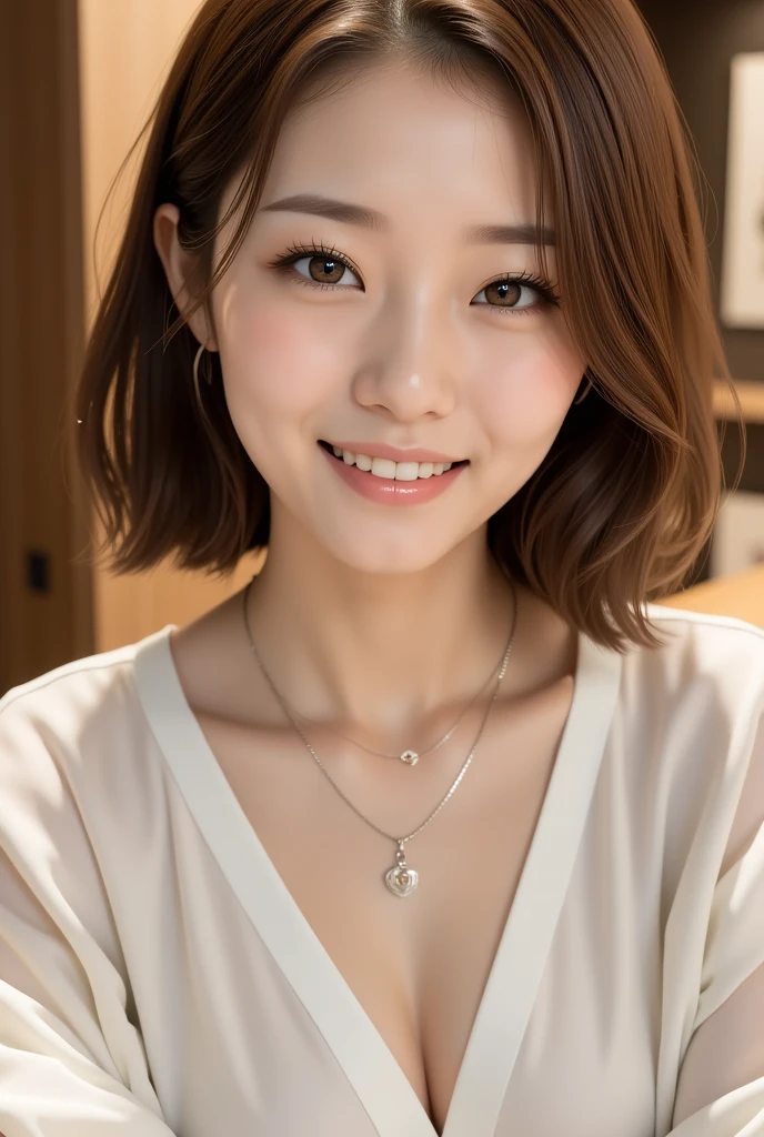 tmasterpiece、tmasterpiece、top-quality、top-quality、hentail realism、Unity、8k wallpaper、offcial art、Highly detailed CG Unity 8k wallpaper、ulzzang-6500、(Original: 1.2)、(hentail realism: 1.4)、ultra - detailed、hight resolution、ultra - detailed,magnifica, finedetail, lighting like a movie, (1girll:1.4 ), (Brownish|brunette color hair:1.4), Medium Hair, (real looking skin:1.2), (light brown-skinned:1.2),(small tits), Beautiful Girl Beautiful Details、extremely detailed eye and face、Eyes with beautiful details、hugefilesize、ultra detailed and beautiful、red blush、embarrassed from、(laughingly:1.2)、Black eyes、model shoot tyle、full body shot  of、(Random colored shirts) )、耳Nipple Ring、Chain Necklace、Loft Apartment、Live Room、(Almost empty room)、