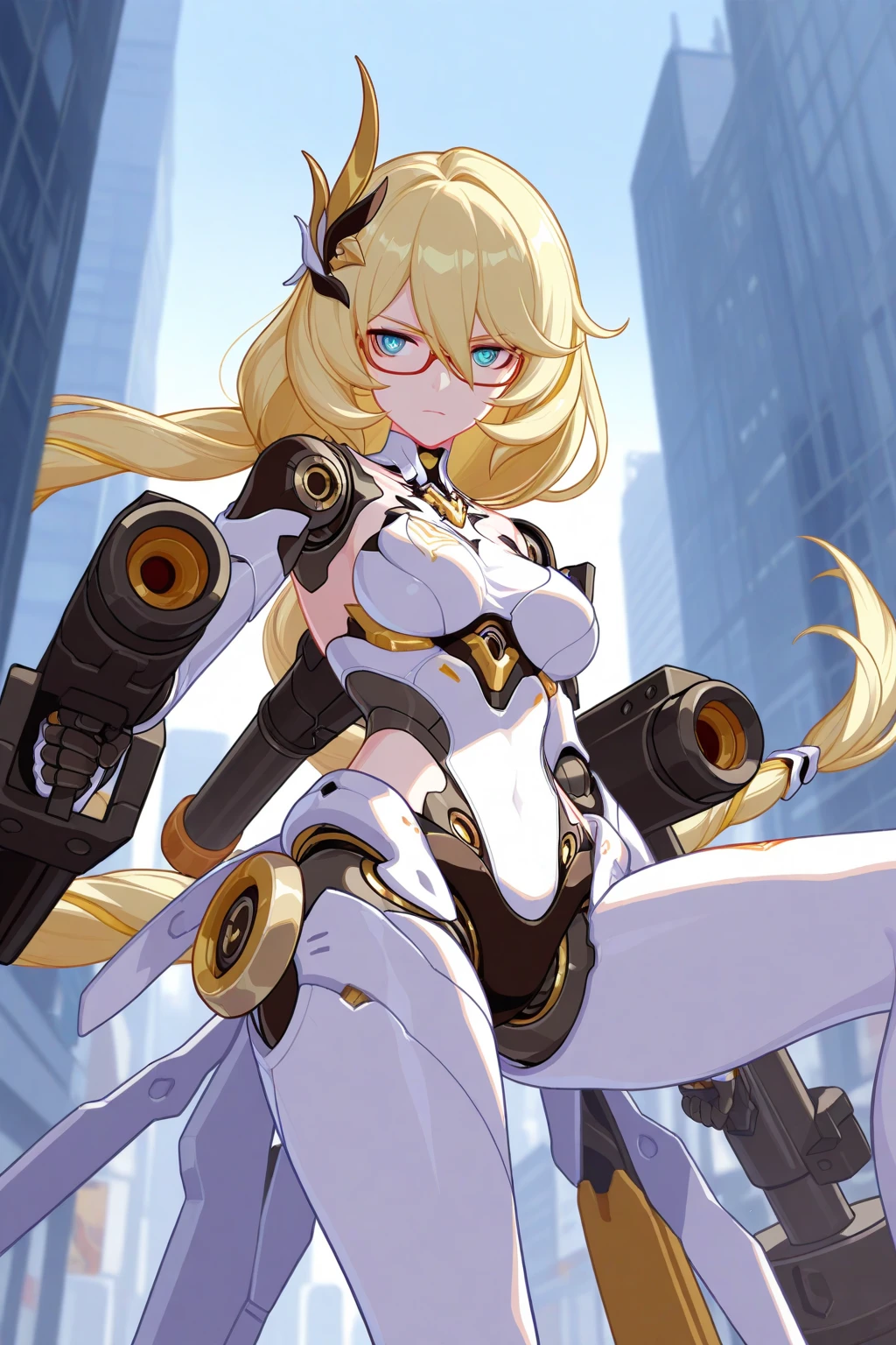 (((1 girl))), cuberpunk city background, intricate game cg, exceptional, masterpiece, (sunglasses:1.3),
looking down at the viewer:, <lora:A-RandomSuper[mecha musume,mechanical parts,super robot joints,headgear,full armor]:1>, (mechanical parts hands:1.4), take off glasses with left hand,  <lora:azur_lane_warspite:1>, warspite, small breast, flat chest,