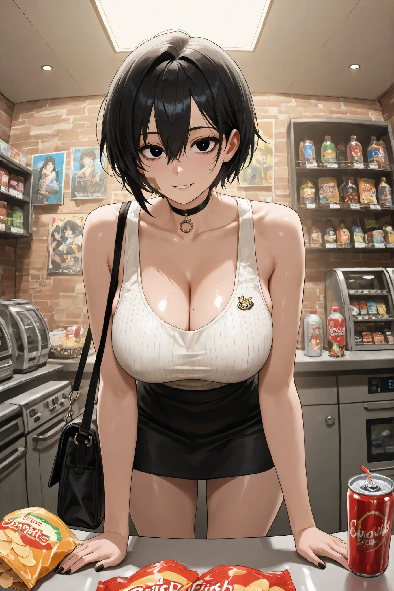 1girl, side-tie panties, breasts, side-tie bikini, choker, solo, cleavage, navel, long hair, potted plant, (large breasts:1.2), thighhighs, indoors, underwear, book, plant, panties, window, looking at viewer, parted lips, black choker, thighs, black legwear, lips, brown hair, patreon username, cowboy shot, watermark, standing, bangs