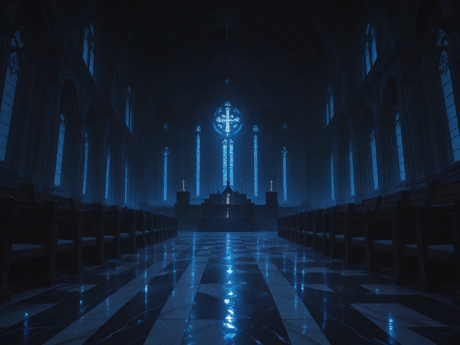 A very huge and wide rectangualar meeting hall, with many rows and Columns of chairs devided with 3 walk ways, dark blue and white light in the building,ceiling with many spot lights, A wide Huge stage at a far end, background of the stage "A light shining out from a bible cross on the top of the bible and a dove on the top of the cross", stares at the end of both sides of the stage echa with 5 steps