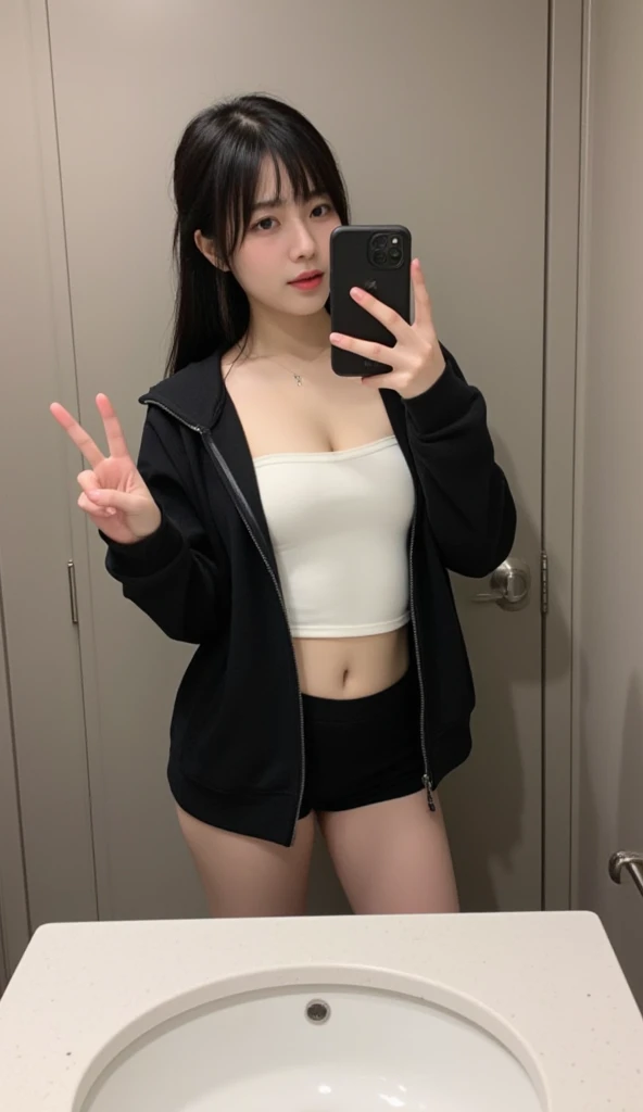 highest quality masterpiece 8K Ultra-detailed Face Selfie 金髪のBeauty highest quality masterpiece 8K Ultra-detailed Face Beauty Shoulder-length hair Black school swimsuit outfit High leg Thighs Selfie Mirror photo Reflected in the mirror He is wearing a navy blue long-sleeved tracksuit jacket over his swimsuit.