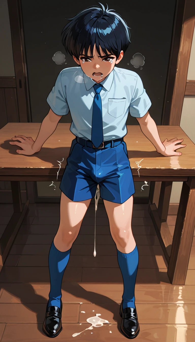 ultra-detailed, masterpiece, best quality, highres, extremely detailed, nsfw, (solo shoot:1.5), (1boy:1.5), man, (lean guy:1.5), short hair, work clothes, open shirt, bottomless, torn clothes, drunk, (restrained:1.5), shackles, handcuffs, gagged, bondage, (excessive cum on body:1.5), strobe lighting, spotlight,