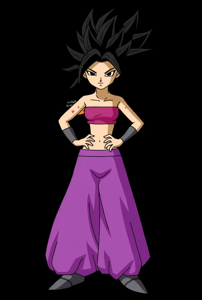 ((best quality)), ((masterpiece)), (detailed),
is a short girl of slender build and fair complexion. She wears a low-cut magenta tube top revealing her belly, low-set purple sirwal, long dark grey wristbands, and a pair of pointy dark grey shoes. Her black hair is long, wild, and spiky. In the anime, Caulifla's eyes are narrow yet big, with large black pupils, as well as thin eyebrows. In the manga, Caulifla's eyes are squarish, being rounded while