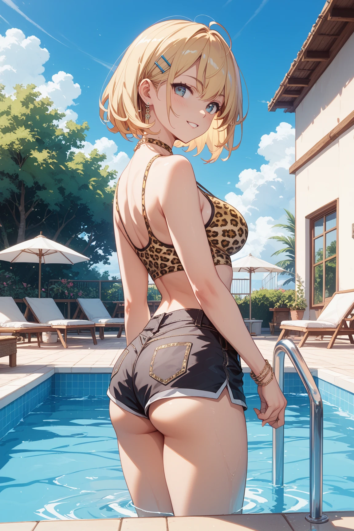 (Unity 16K Wallpaper, Masterpiece, Best Quality, Ultra-Detailed, Extremely Detailed CG, Caustics, Cinematic Lighting, Detailed, Beautiful Detailed Eyes, solo, vivid image quality, brighten the subject, beach),Ultra High Resolution, fine skin、sexy, (curby), nsfw,(school swimsuit:1.3), small breasts, smile, cowboy shot, fold arms, angry,stick out ass, back shot、straddle the float