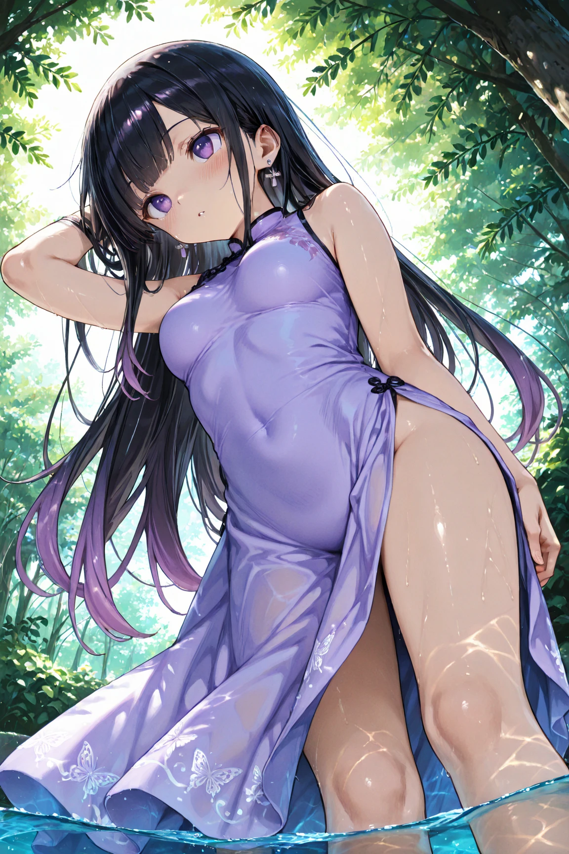 Open the dress ((Toddler girl))　((5 years old))((naked))　Long black hair　nsfw　whole body　Vibrant purple rose garden　smile　Lift up the dress　I can see your crotch　Transparent Black Lady　Black Hat　((Clothes open to reveal breasts))((Her clothes open and her vagina is visible))　((A see-through mini dress with a small amount of sheer lace))((Hair Bun))(Very long hair))((Blunt bangs))((Bitch))((tsurime))((Big eyes))((Skinny body))((expensive))(Pale skin))((Vibrant purple botanical print))blue sky