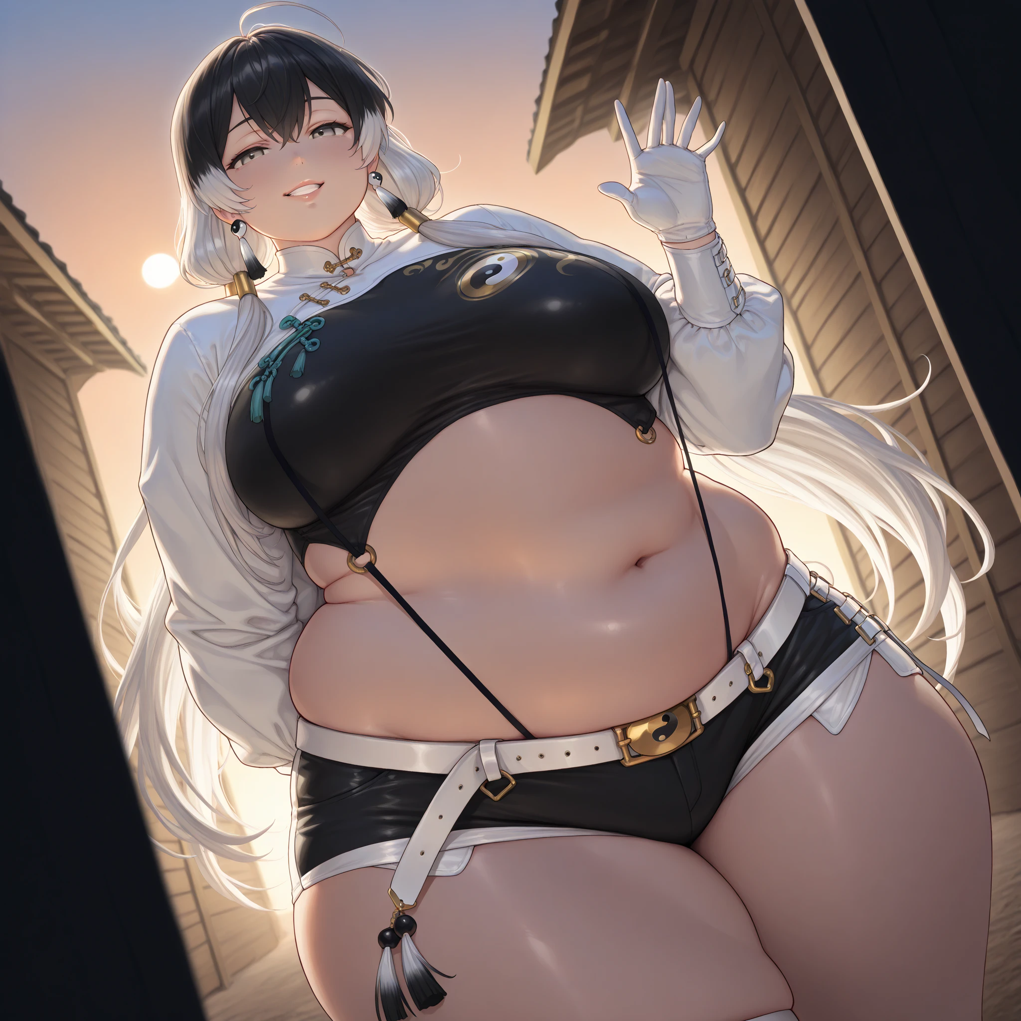 a masterpiece of， the best quality， PrinzV4， 1girl huge large breasts， 独奏， length hair， udder， looking looking at viewer， large tities，Large breasts， mitts， Belly button， Hold， White liquid， Yellow eyes， White hair， red hair， O cabelo multicolorido， Open your clothes， Black gloves， Open bra， Official alternative costumes， Striped hair， latte， hand on hips， underboobs， head gear， Banner， White panties， Queen of the game， Hold the flag，pregnant women with，shot on the body，cum on the stomach，The white liquid is drizzled all over the body