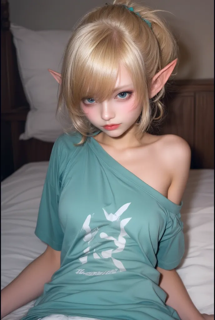 Ultra HD、High resolution、distinct、Elf、Beautiful green eyes、Blonde Short-Haired、Completely naked、White and beautiful skin、Big Breasts、、Small areola、Small nipples、hairless labia、