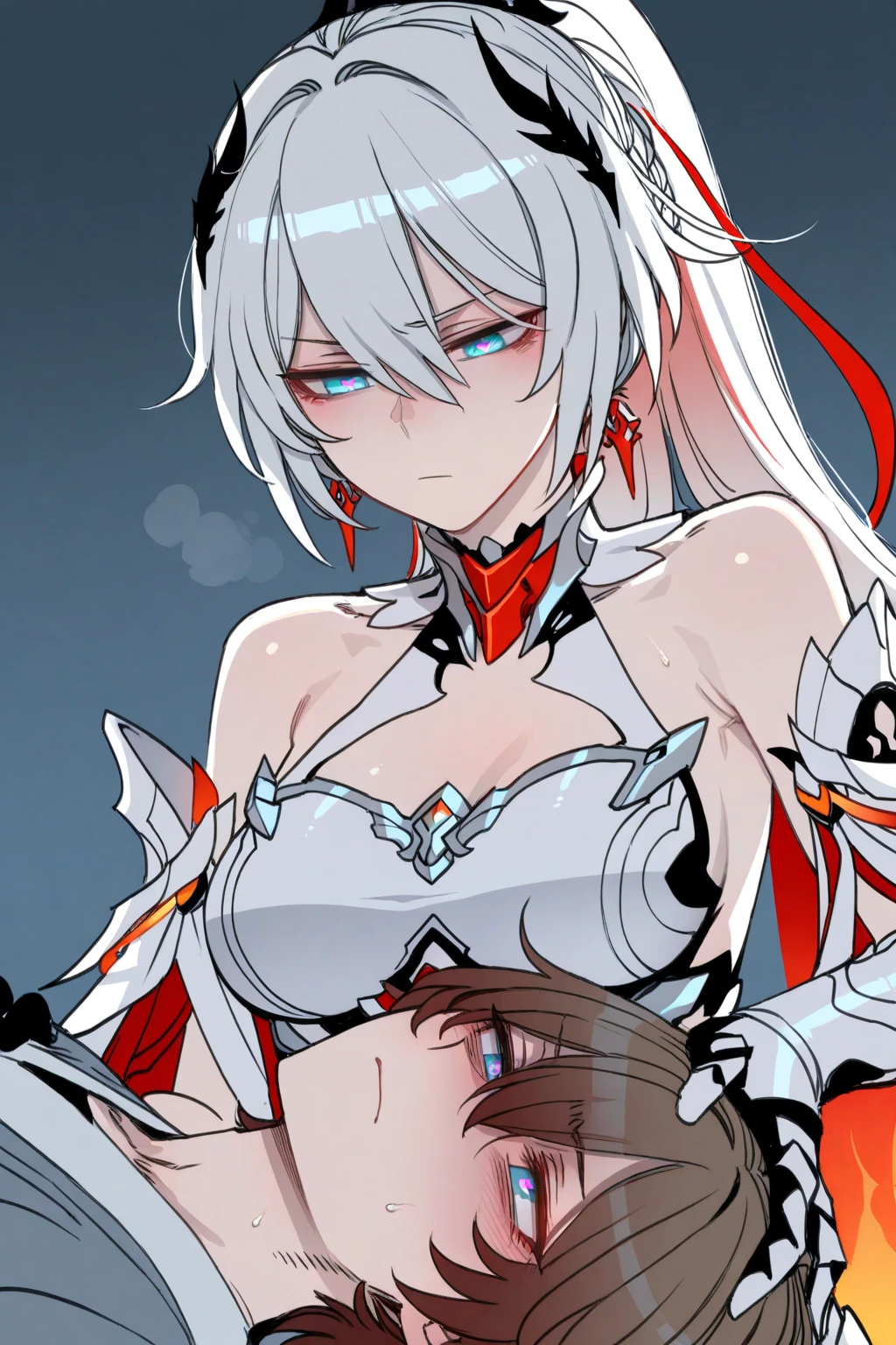 nsfw,anime screencap,official art, {masterpiece}, {hyper extreme detailed}, nsfw, 1girl, solo focus, detailed eye, 1boy, {{fellatio}}, {oral}, deepthroat, irrumatio, {large_penis}, How_w_mouth, saliva, {mouth hold}, ass pov, {{semen}},((huge cock)),vewy penis,((empty eyes)),,Expressionless, huge breasts,,
defCordelia, red hair, red eyes, wwg hair ornament, red dress, short dress, armored dress, belt, gauntlets, garter straps, thigh boots