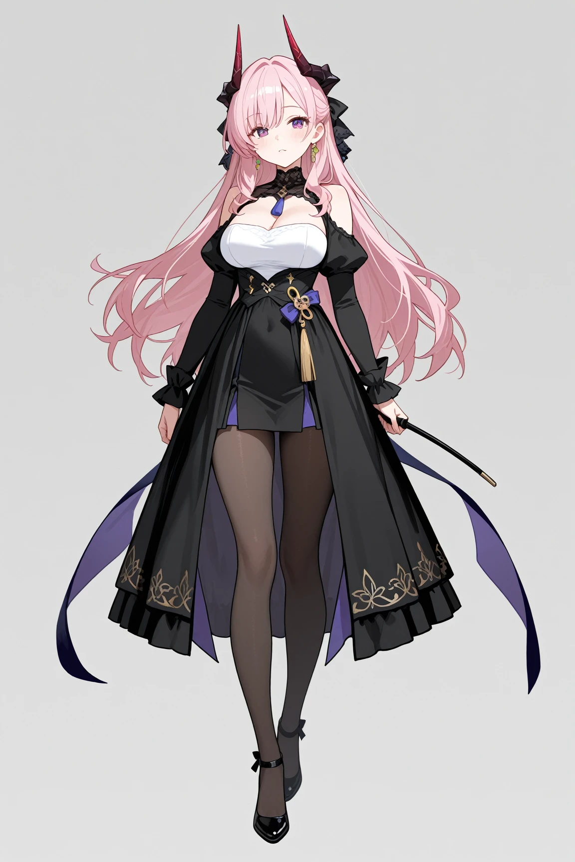 female, silver messy long hair, red eyes, tanned skin, (((1girl))), (((black sleeveless regal dress with pink trim))), (black opera gloves), (pink stockings), (black knee high heeled boots), (gold ornate crown), cute and sexy, full body, big breasts, long legs, smiling, cleavage