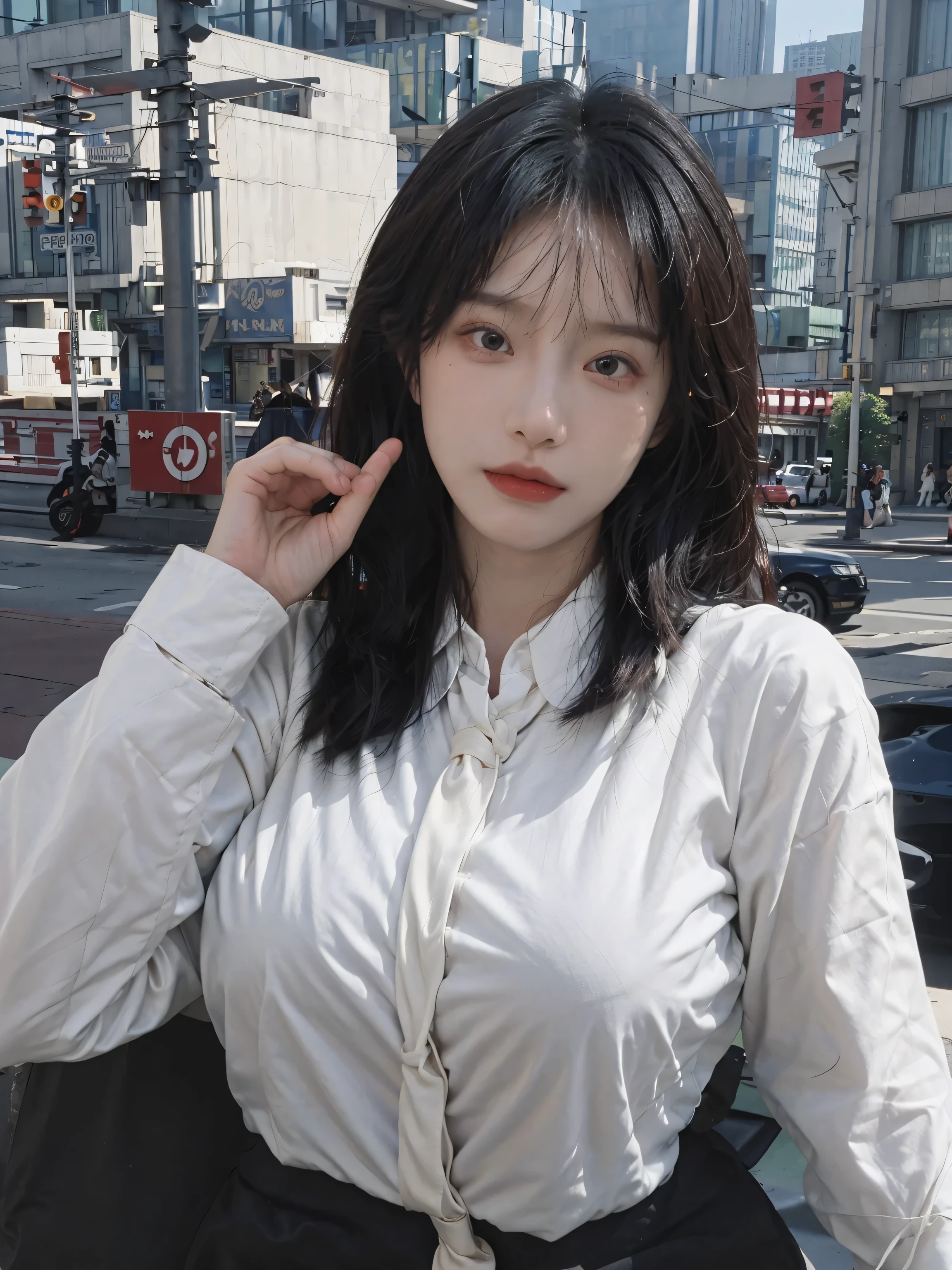Best quality，masterpiece，Ultra-high resolution，snow，16K,Snow background，（Photo Realism：1.4),1 Girl，JK，Sexy，（Shirt and Tie：1.2),（Big breasts：2.3),（Upper body：1.4)